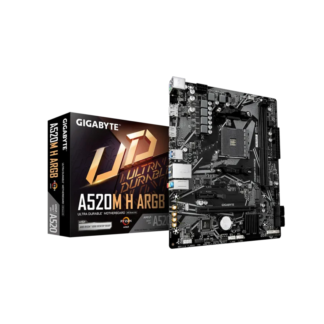 Материнская плата, Gigabyte, A520M H ARGB (4719331879822), AM4, А520, 2xDDR4 2133/2400/2667/2933/3200/5100(OC), 4xSATA3, 1xM.2 (PCIe 3.0 x4/x2), 1xDP, 1xHDMI, 1xPCI-Ex16, 1xPCI-Ex1, mATX