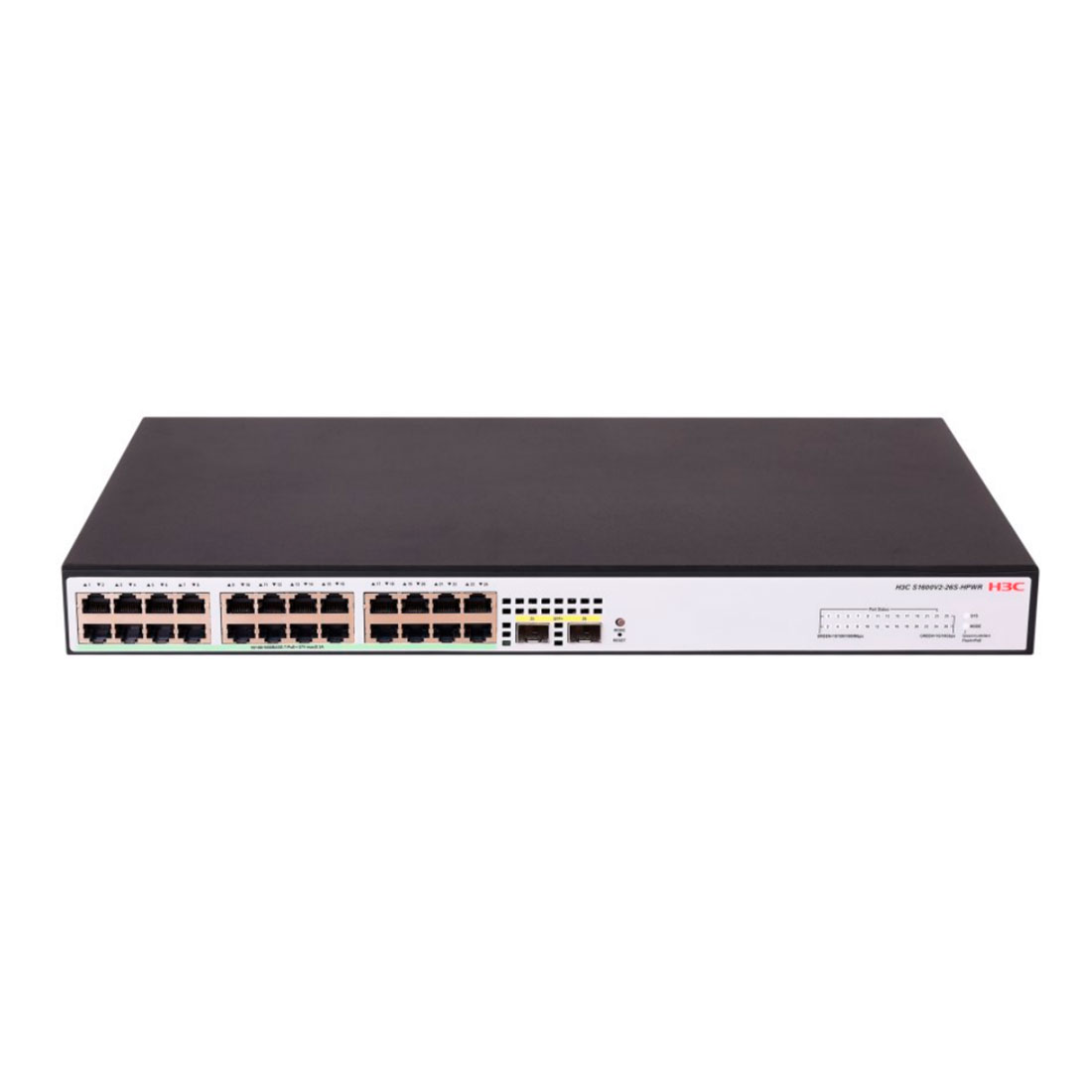 Коммутатор, H3C, LS-1600V2-26S-HPWR-GL, управляемый L2, 24*10/100/1000BASE-T RJ45 PoE+ , 2*1G/10G SFP+, 15.4W (802.3af) на 24 портов, 30W (802.3at) на 12 порта, Total PoE 370W