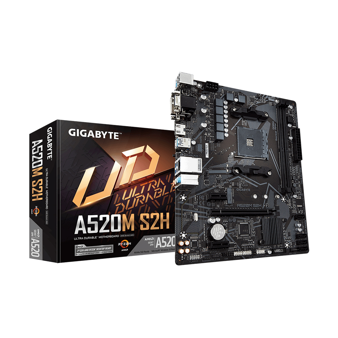 Материнская плата, Gigabyte, A520M S2H (4719331809720), AM4, А520, 2xDDR4 2133/2400/2667/3200/5100(OC), 4xSATA3, 1xM.2 (PCIe 3.0 x2/x4 и SATA), 1xDVI-D, 1xHDMI, 1xD-Sub, 1xPCI-Ex16, 2xPCI-Ex1, mATX