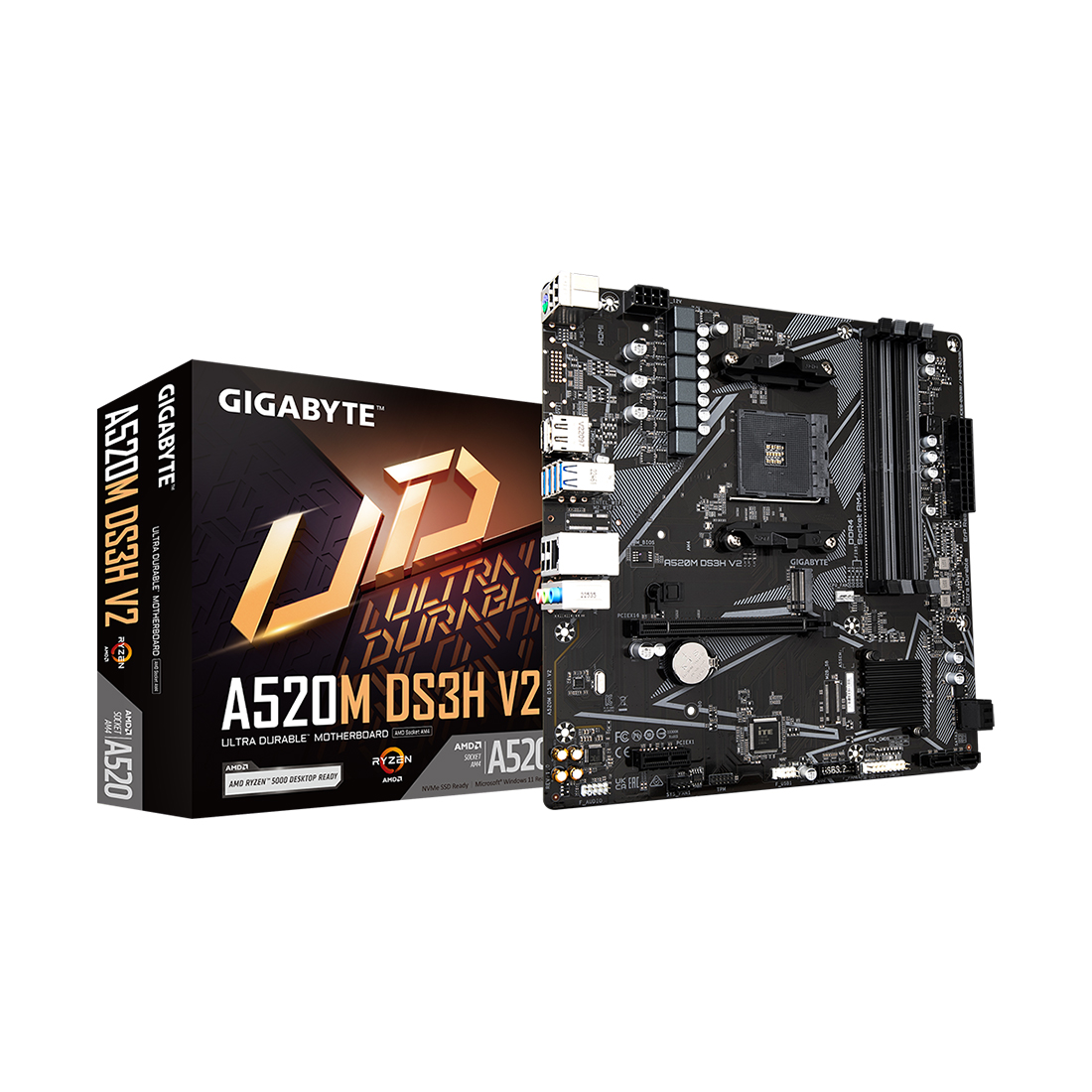 Материнская плата, Gigabyte, A520M DS3H V2 (4719331854690), AM4, А520, 4xDDR4 2400/2667/3200/4733(OC), 4xSATA3, 1xM.2 (PCIe 3.0 x4/x2), 1xHDMI, 1xDP, 1xPCI-Ex16, 1xPCI-Ex1, mATX