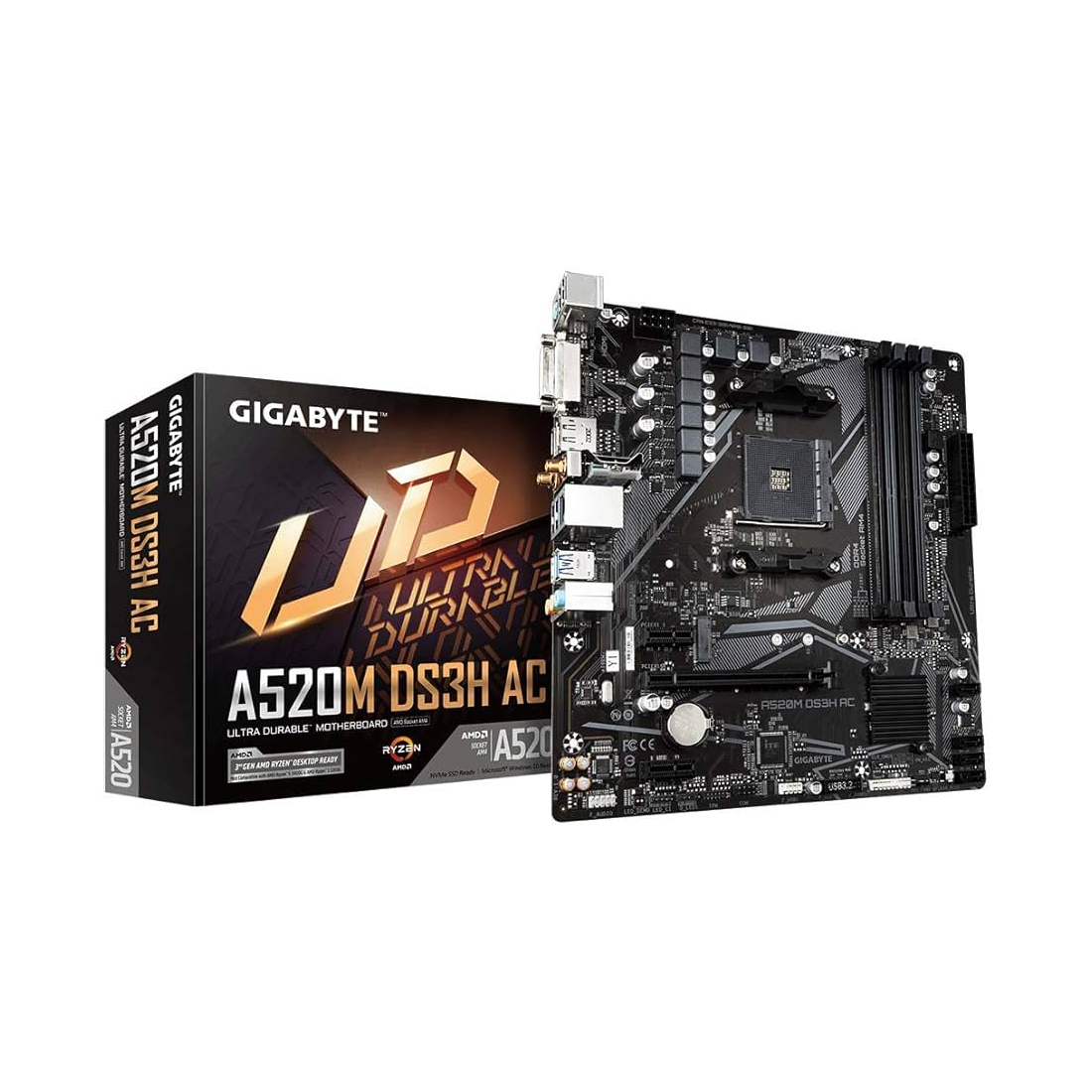 Материнская плата, Gigabyte, A520M DS3H AC (4719331810696), AM4, А520, 4xDDR4 3200, 4xSATA3, 1xM.2 (SATA и PCIe 3.0 x2/x4), 1xDVI-D, 1xHDMI, 1xDP, 1xPCI-Ex16, 2xPCI-Ex1, WiFi, mATX