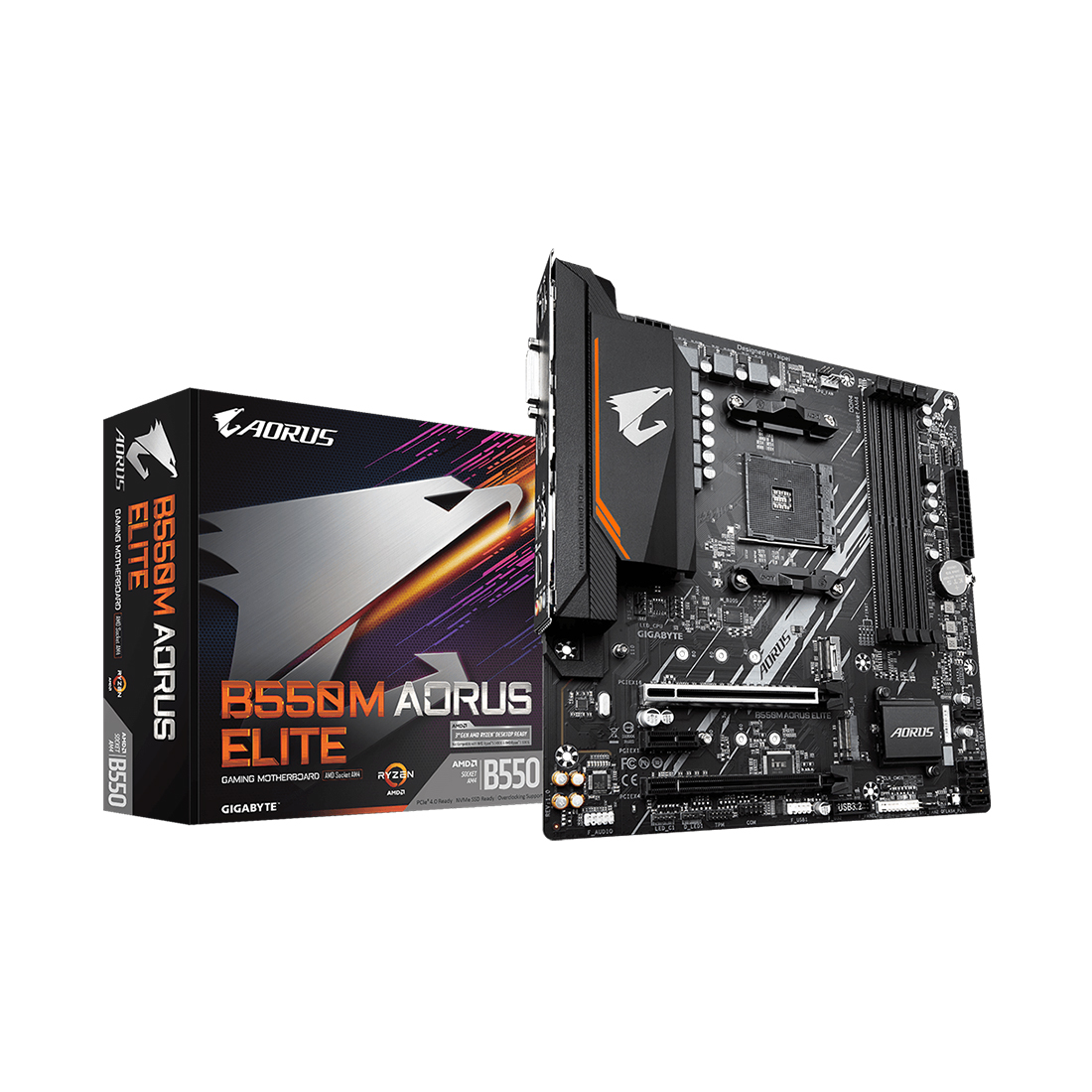 Материнская плата, Gigabyte, B550M AORUS ELITE (4719331809546), AM4, B550, 4xDDR4 3200, 4xSATA3, 2xM.2, RAID, 1xHDMI, 1хDVI-D, 2xPCI-Ex16, 1xPCI-Ex1, mATX