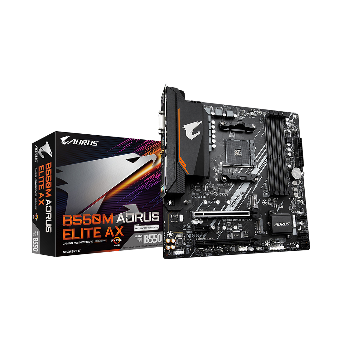 Материнская плата, Gigabyte, B550M AORUS ELITE AX (4719331855055), AM4, B550, 4xDDR4 3200/4733(OC), 4xSATA3, 2xM.2 (1*PCIe 3.0 x2 & SATA, 1*PCIe 4.0 x4/x2 & SATA), RAID, 1xHDMI, 1хDVI-D, 2xPCI-Ex16, 1xPCI-Ex1, WiFi, mATX