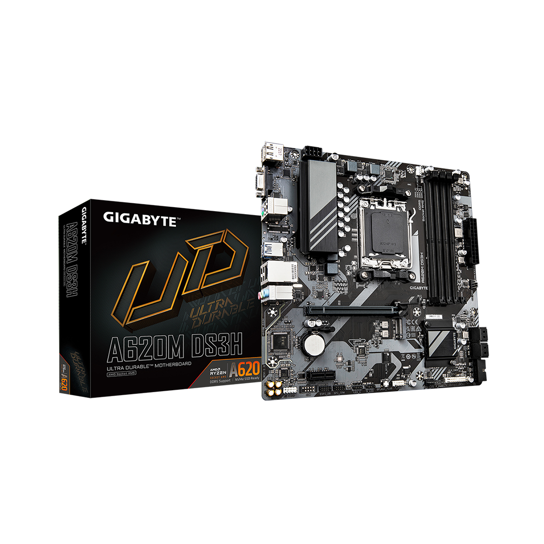 Материнская плата, Gigabyte, A620M DS3H (4719331855567), AM5, A620, 4xDDR5 4800/5200/7600(OC), 4xSATA3, 1xM.2 (PCIe 4.0 x4/x2), RAID, 1xHDMI, 1хDP, 1xD-Sub, 1xPCI-Ex16, 1xPCI-Ex1, mATX