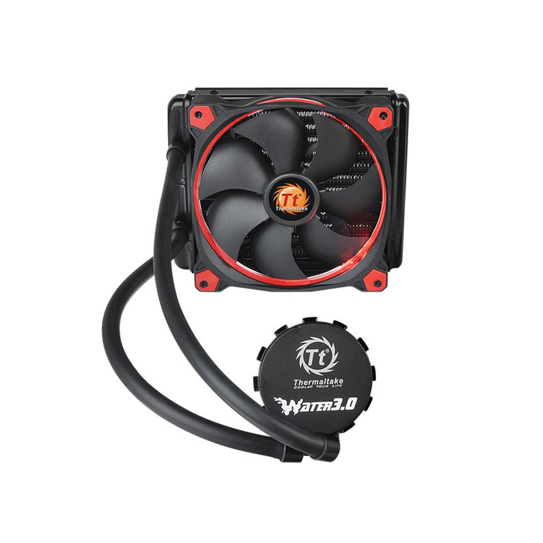Кулер с водяным охлаждением, Thermaltake, Water 3.0 Riing Red 140, CL-W150-PL14RE-A, Intel LGA 2066/2011-3/2011/1366/1156/1155/1151/1150 и AMD AM4/FM2/FM1/AM3+/AM3/AM2+/AM2, TDP 150W, 140мм вентилятор, 400-1500R.P.M, 40.6 CFM, 26.3 dB(A), 4pin, 172x140x27 мм, Чёрный