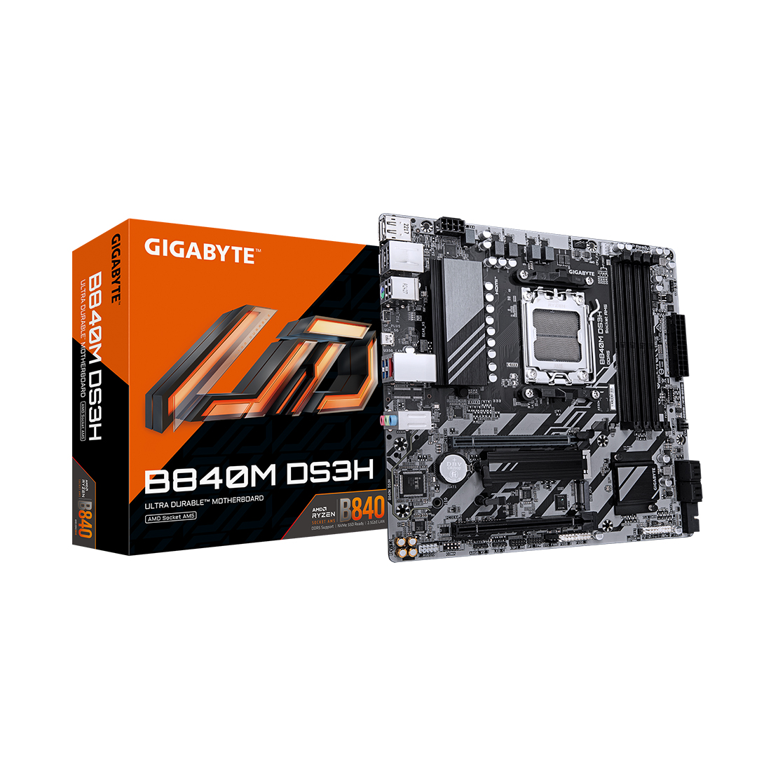 Материнская плата, Gigabyte, B840M DS3H (4719331868437), AM5, B840, 4xDDR5 4400/4800/5200/8200(OC), 4xSATA3, Raid, 2xM.2 (PCI-E 4.0x4/x2), 2хDP, 1xHDMI, 2xPCI-Ex16, mATX