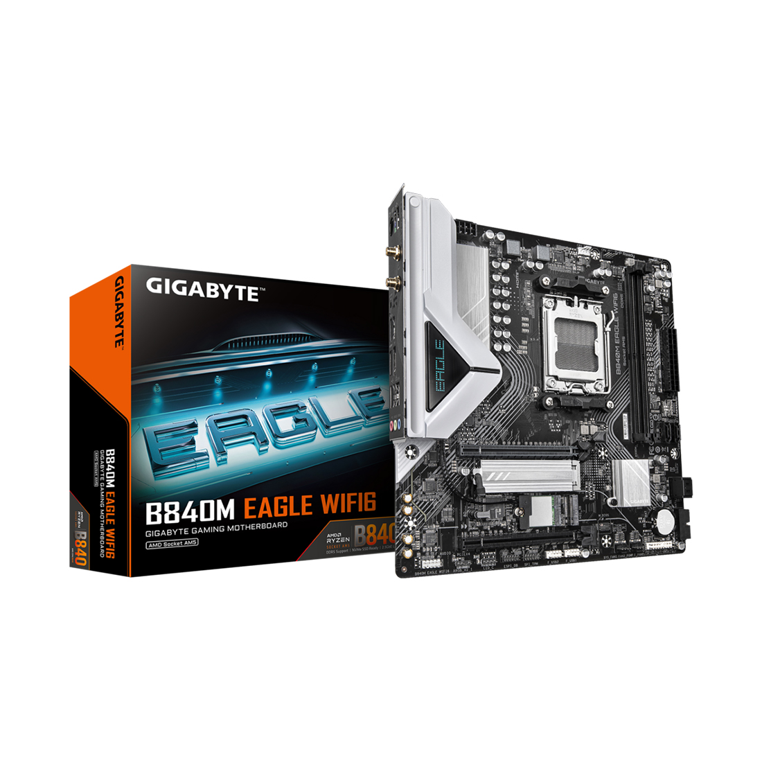 Материнская плата, Gigabyte, B840M EAGLE WIFI6 (4719331868970), AM5, B840, 2xDDR5 4400/4800/5200/7600(OC), 4xSATA3, Raid, 2xM.2 (PCI-E 4.0x4/x2, PCI-E 3.0x2), 1хDP, 1xHDMI, 2xPCI-Ex16, WiFi, mATX