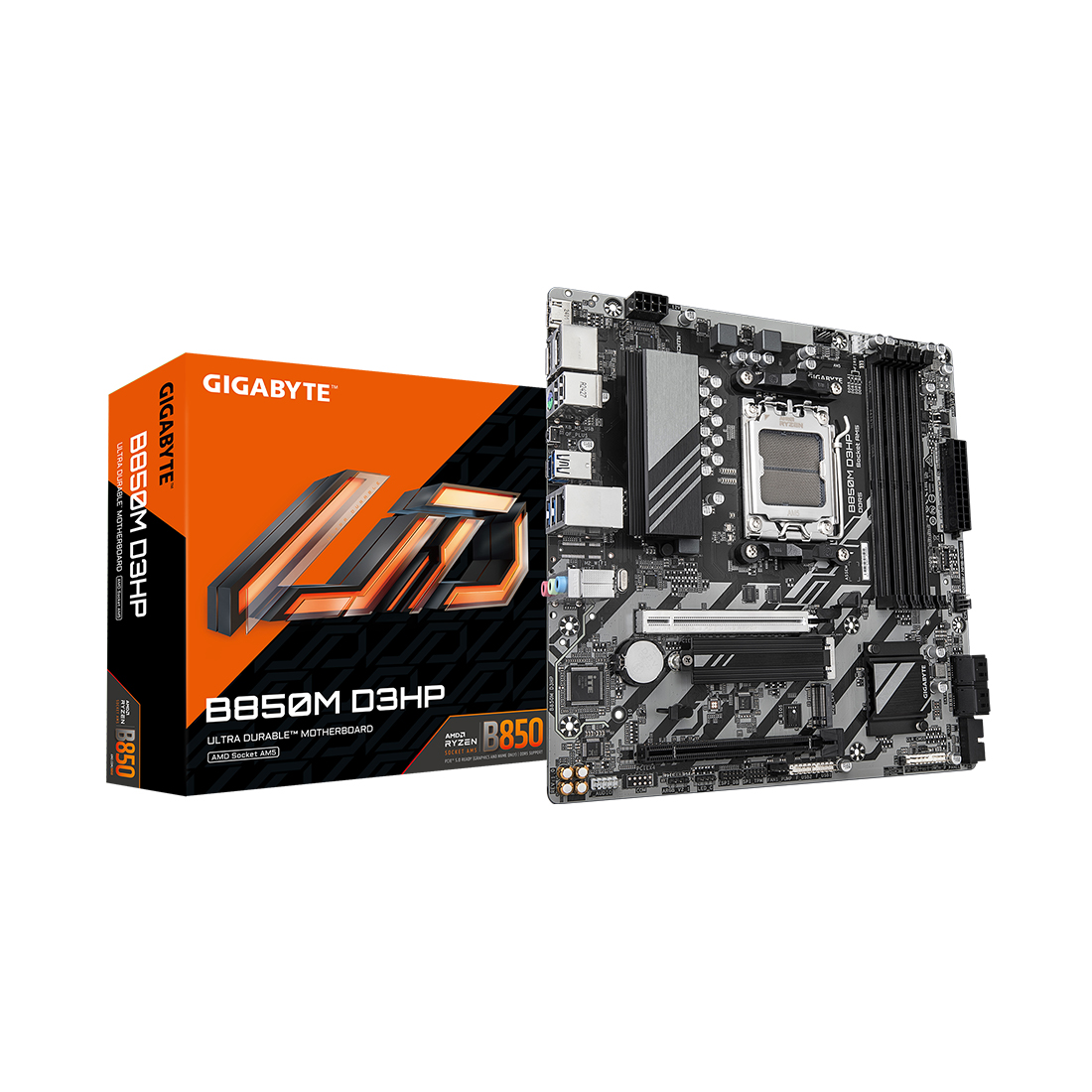 Материнская плата, Gigabyte, B850M D3HP (4719331867058), AM5, B850, 4xDDR5 4400/4800/5200/8200(OC), 4xSATA3, 2xM.2 (PCIe 4.0 x4/x2), RAID, 1xHDMI, 2хDP, 2xPCI-Ex16, mATX
