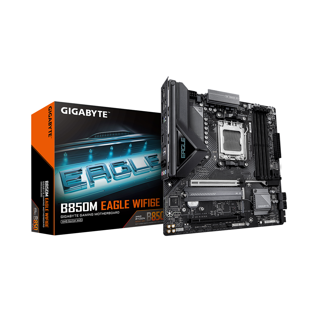 Материнская плата, Gigabyte, B850M EAGLE WIFI6E (4719331871826), AM5, B850, 4xDDR5 4400/4800/5200/8200(OC), 4xSATA3, 2xM.2 (1*PCIe 5.0 x4/x2, 1*PCIe 4.0 x4/x2), RAID, 1xHDMI, 2хDP, 2xPCI-Ex16, WiFi, mATX