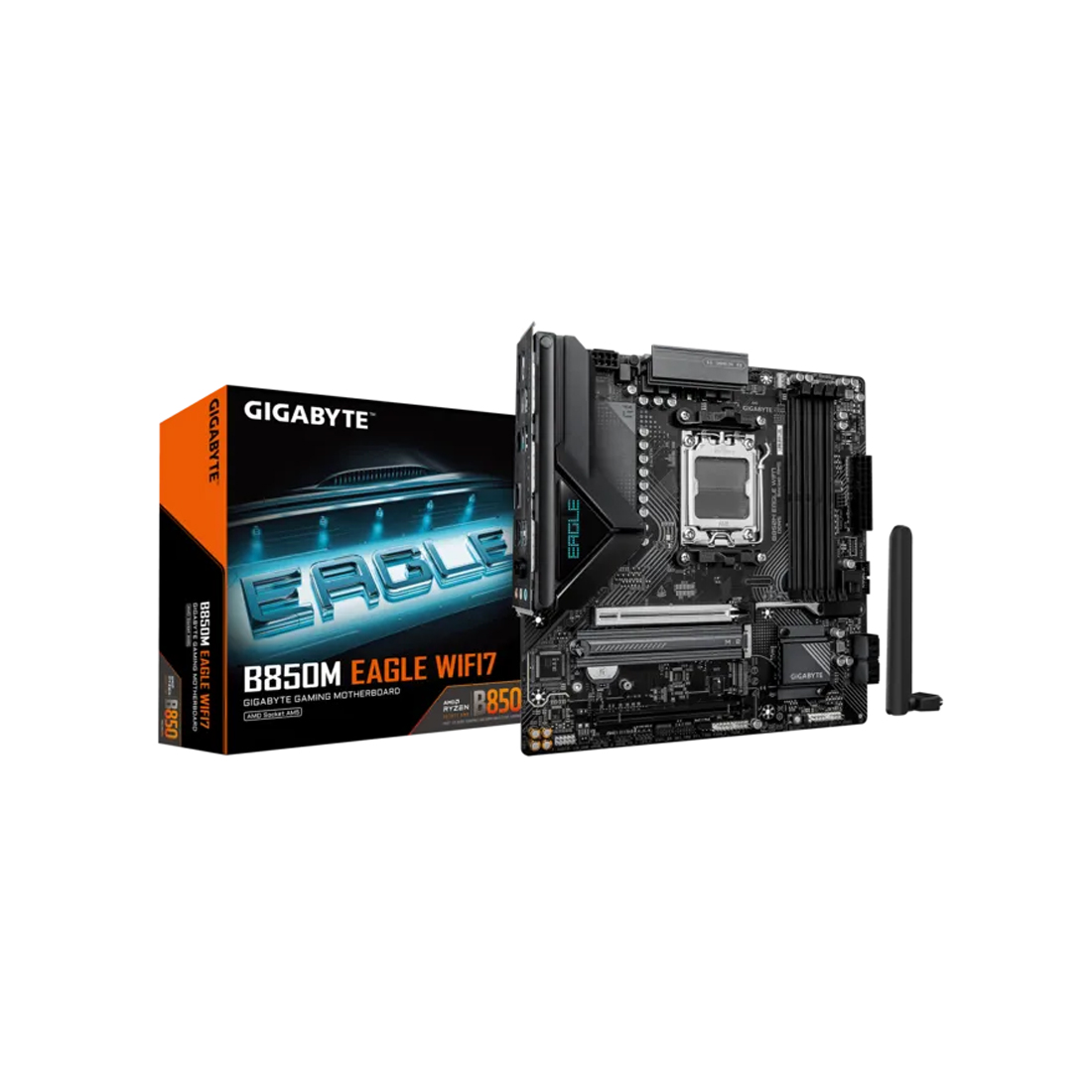 Материнская плата, Gigabyte, B850M EAGLE WIFI7 (4719331879648), AM5, B850, 4xDDR5 5600/5800/6000/6200/6400/8200(OC), 4xSATA3, 2xM.2 (1*PCIe 5.0 x4/x2, 1*PCIe 4.0 x4/x2), RAID, 1xHDMI, 2хDP, 2xPCI-Ex16, WiFi, mATX
