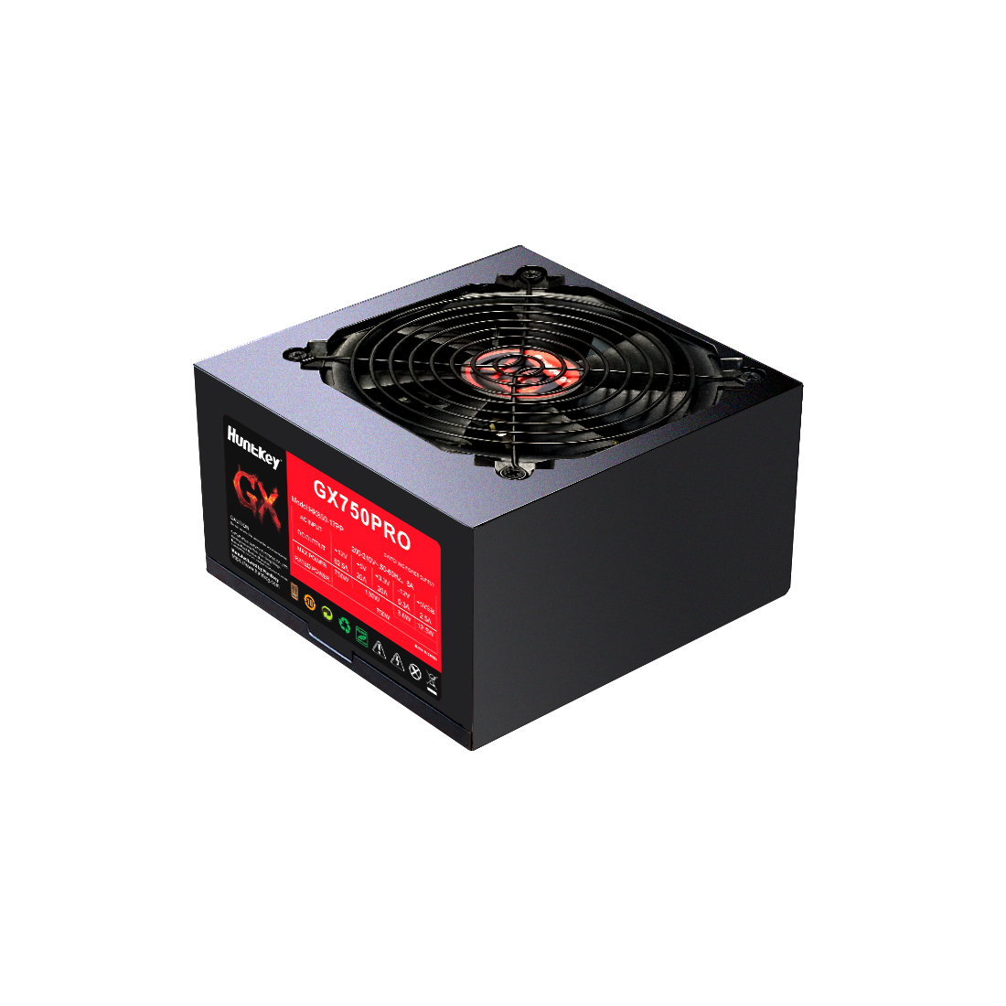 Блок питания, Huntkey, GX 750PRO, 750W, ATX 3.0, Bronze, APFC, 20+4 pin, 2*4+4pin, 4*Sata, 2*Molex, 3*PCI-E 6+2 pin, Вентилятор 12см, Кабель питания, Чёрный