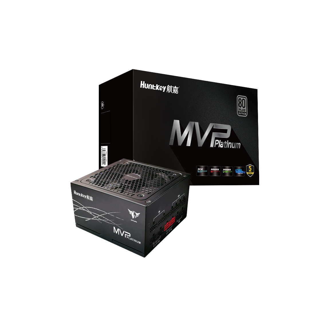 Блок питания, Huntkey, MVP P1200, 1200W, ATX 3.0, Paltinum, APFC, 20+4 pin, 2*4+4pin, 7*Sata, 5*Molex, 4*PCI-E 6+2 pin, 1*12V-2X6, Модульный, Вентилятор 12см, Кабель питания, Чёрный
