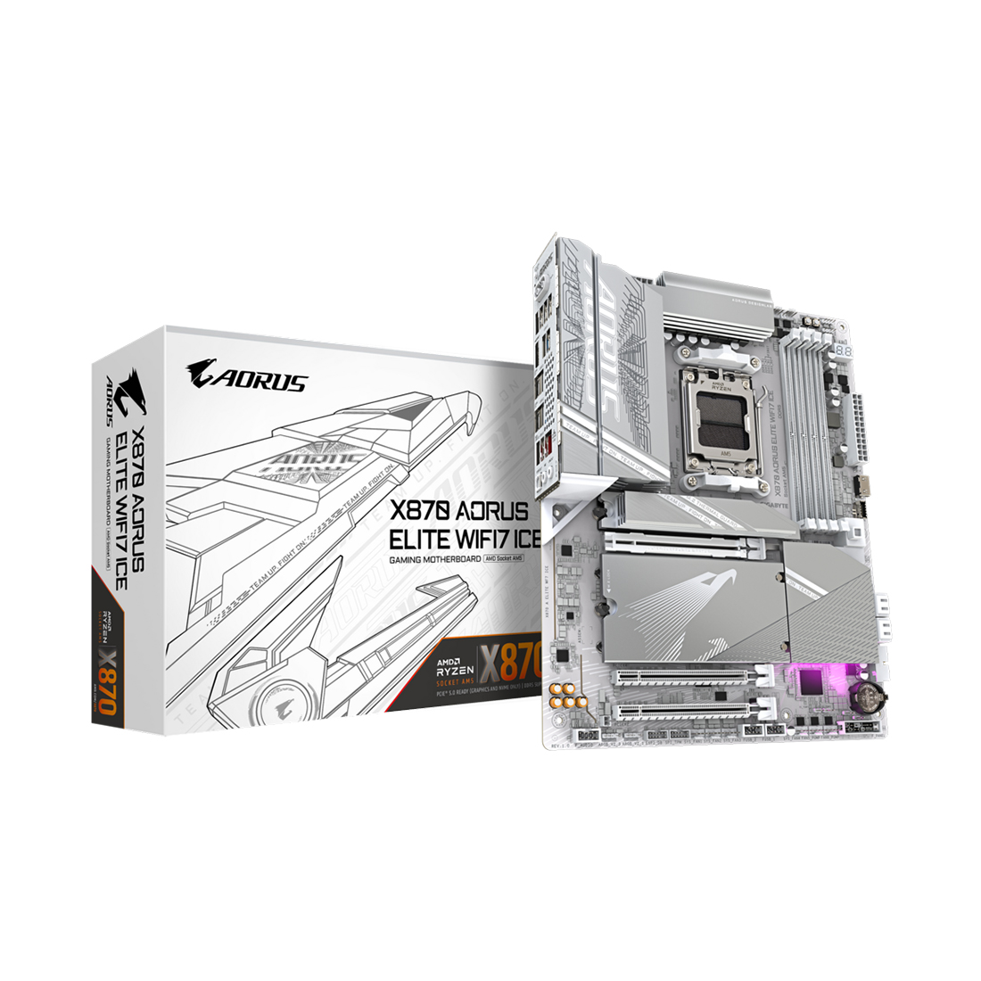 Материнская плата, Gigabyte, X870 AORUS ELITE WIFI7 ICE (4719331864682), AM5, X870, 4xDDR5 4400/4800/5200/8000(OC), 4xSATA3, 4xM.2 (PCIe 4.0 x4/x2), Raid, 1xHDMI, 2xUSB4 Type-C®, 3xPCI-Ex16, Wi-Fi, ATX