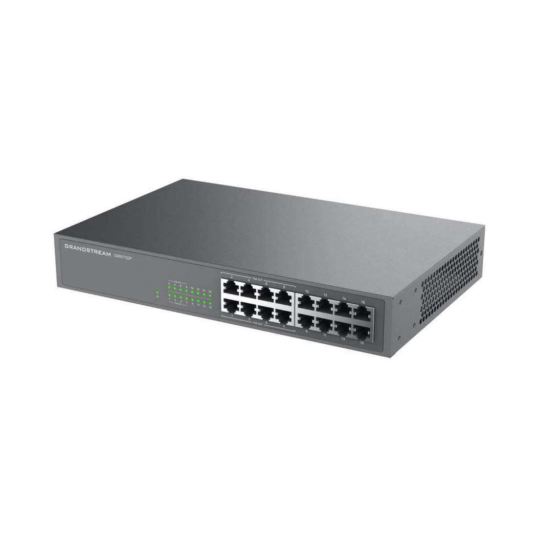 Коммутатор, Grandstream, GWN7702P, Неуправляемый, 16 портов RJ-45 10/100/1000 Мбит/с, 8 портов PoE 802.3 af/at, бюджет РоЕ: 138 Вт, Настольный/в стойку, корпус металлический