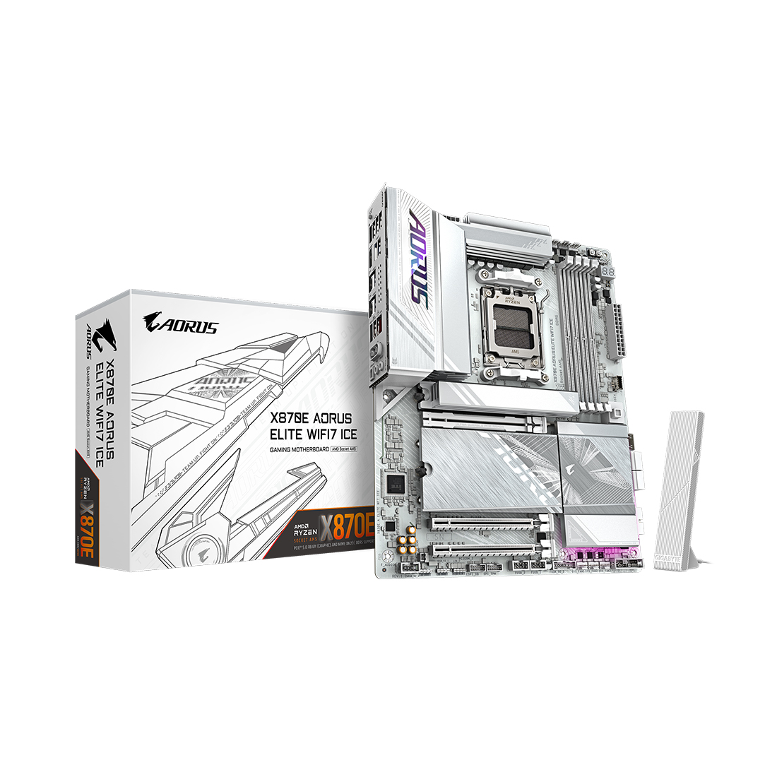Материнская плата, Gigabyte, X870E AORUS ELITE WIFI7 ICE (4719331871529), AM5, X870E, 4xDDR5 4400/4800/5200/8200(OC), 4xSATA3, 4xM.2 (PCIe 4.0 x4/x2), Raid, 1xHDMI, 2xUSB4 Type-C®, 3xPCI-Ex16, Wi-Fi, ATX