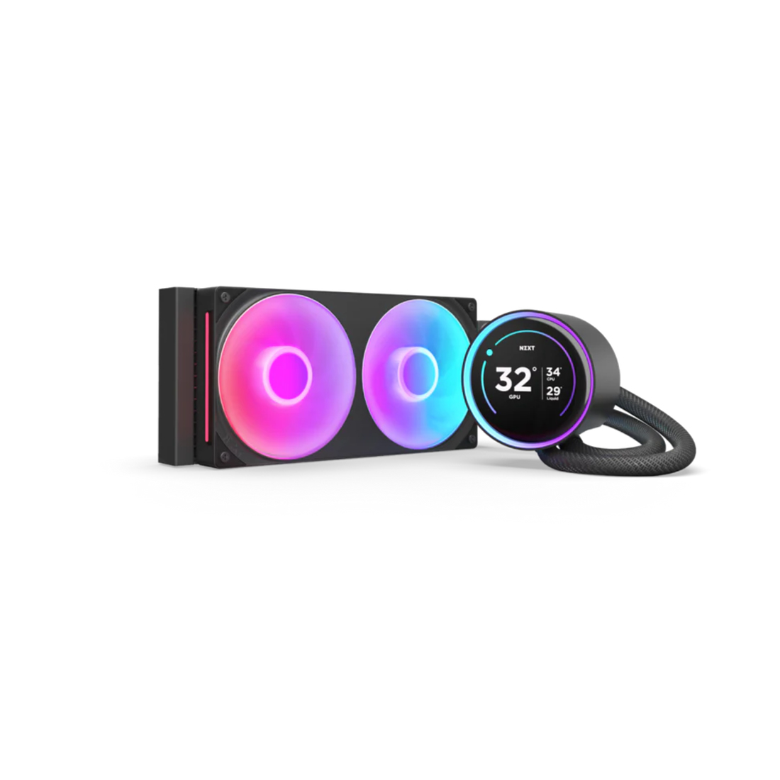 Кулер с водяным охлаждением, NZXT, Kraken Elite 280 RGB V2, RL-KR28E-B2, Intel: LGA 1851/ 1700 / 1200 / 115X, AMD: AM5 / AM4, TDP 250W, 2*140мм F140 RGB Core Fans, 1200–2800 ±300 об/мин, 98.61 CFM, 34.5 dB(A), Радиатор 32113727мм, ЖКдисплей 2.72", Чёрный