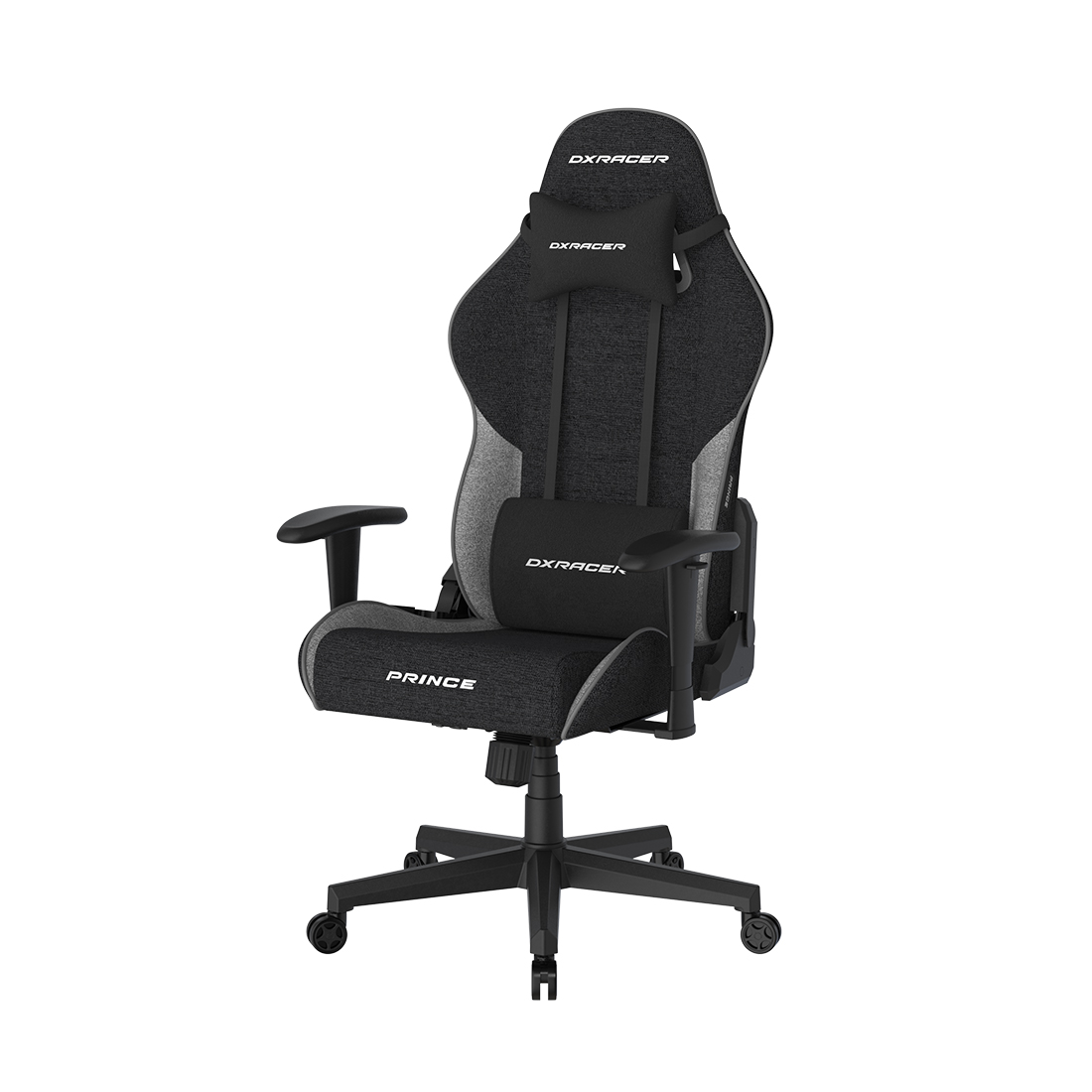 Игровое компьютерное кресло, DX Racer, GC/LPF24FBC/NG, Prince series, Грузоподъемность 90 кг, Ткань FBC, Вид наполнителя: губчатая пена высокой плотности (54 кг/м), Металлическая основа кресла, Механизм качания: топ-ган, Прорезиненные колеса в комплектации, Черно-серый