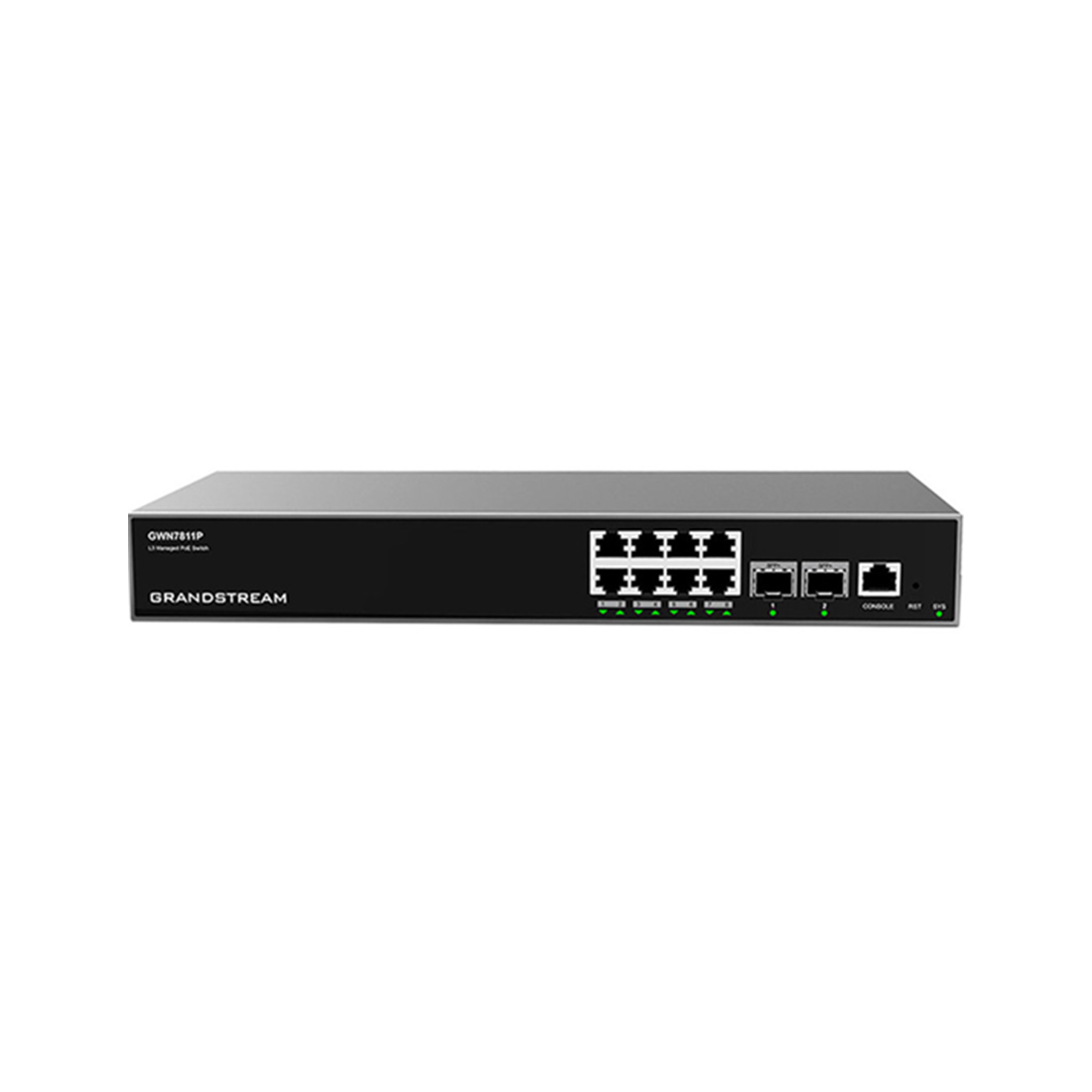 Коммутатор, Grandstream, GWN7811P, Управляемый L3, 8 портов RJ-45 10/100/1000 Мбит/с, 2 порта SFP+, PoE 802.3 af/at, до 30 Вт на порт, бюджет 120 Вт, Настольный/в стойку