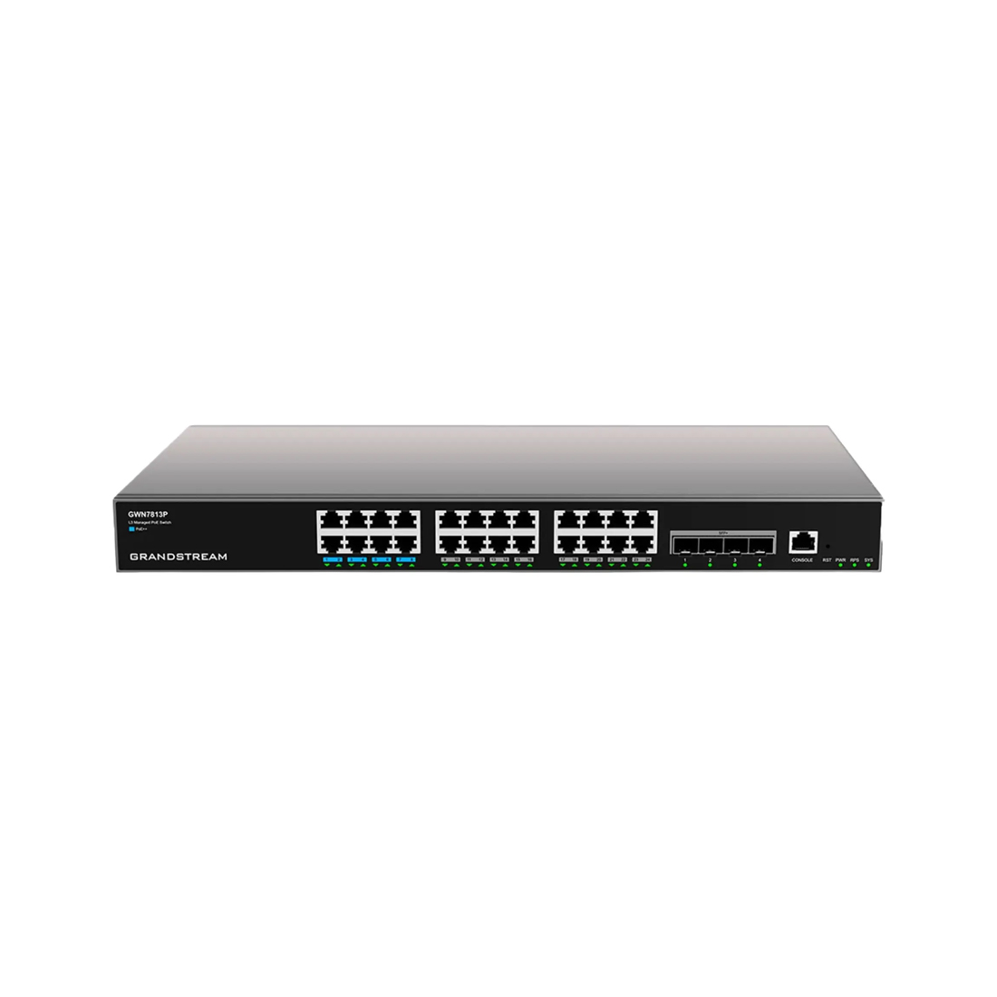 Коммутатор, Grandstream, GWN7813P, Управляемый L3, 24 порта RJ-45 10/100/1000 Мбит/с, 4 порта SFP+, 802.3af/at/bt, Макс. суммарная мощность PoE 370 Вт, дополнительный резервный блок питания (опция), Настольный/в стойку