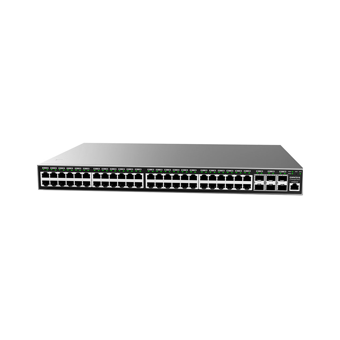 Коммутатор, Grandstream, GWN7816P, Управляемый L3, 48 портов RJ-45 10/100/1000 Мбит/с, 6 портов SFP+, 802.3 af/at, до 60 Вт (1-8 портов), до 30 Вт (9-48 портов), Общая мощность POE: 740 Вт, дополнительный резервный блок питания (опция), Настольный/в стойку