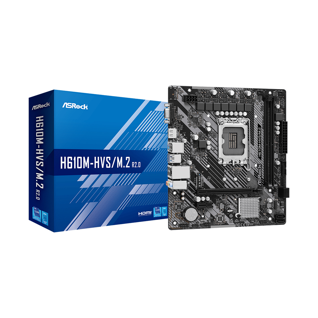 Материнская плата, ASRock, H610M-HVS/M.2 R2.0 (4710483939914), LGA1700, iH610, 2xDDR4 2666/2933/3200MHz, 4xSATA3, 1xM.2 (PCI-E 3.0x4), 1xD-Sub, 1xHDMI, 1xPCI-Ex16, 1xPCI-Ex1, mATX