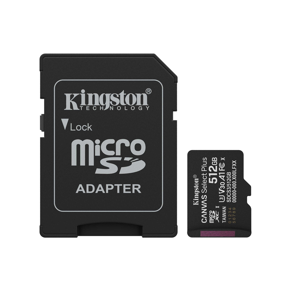 Карта памяти Kingston SDCS3/512GB MicroSDXC 512GB Canvas Select Plus A1 U3 V30 с адаптером SD