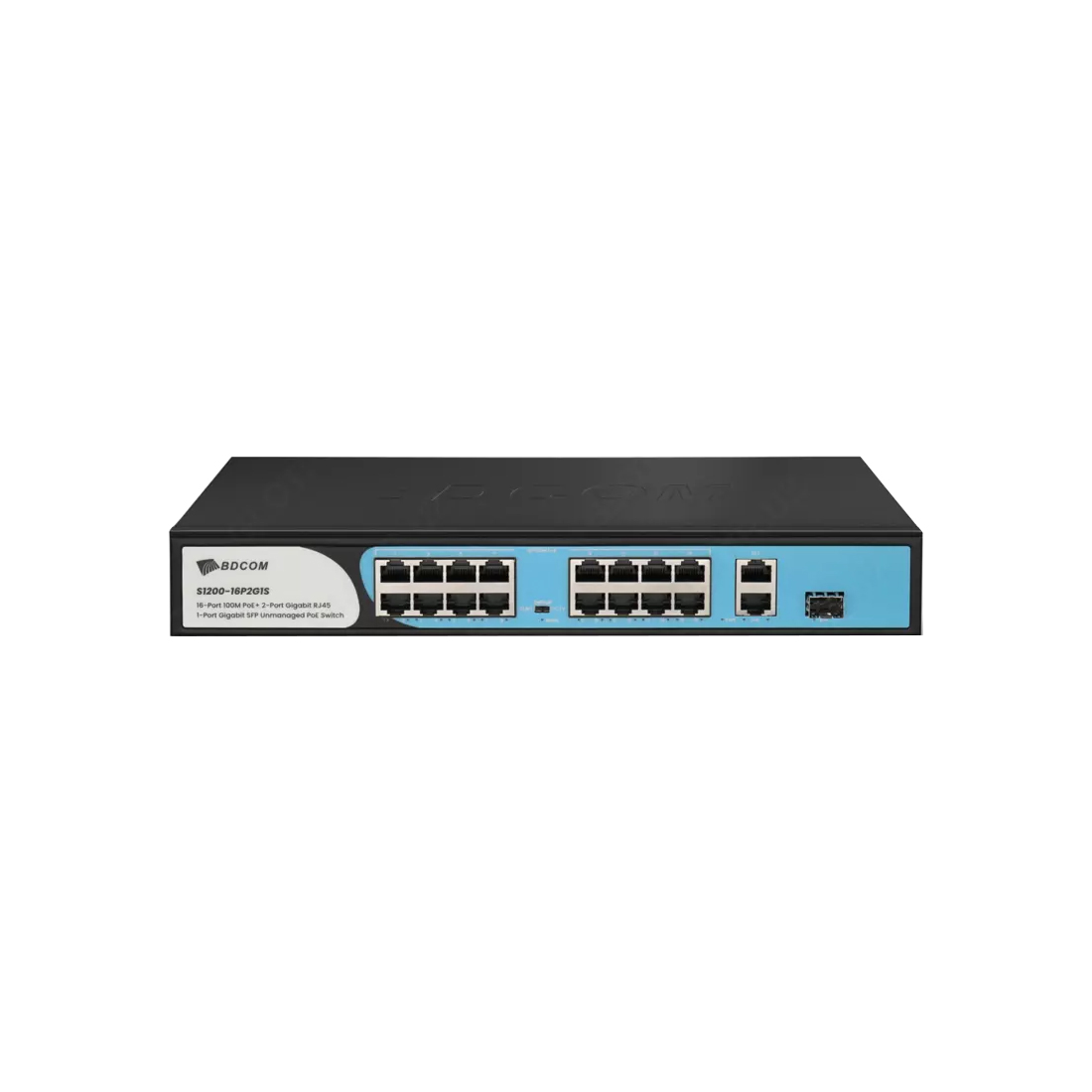 Коммутатор, BDCOM, S1200-16P2G1S, Неуправляемый, 16 портов PoE (180W) 10/100M RJ45, 2 порта 10/100/1000M RJ45, 1 порт SFP, Стоечный