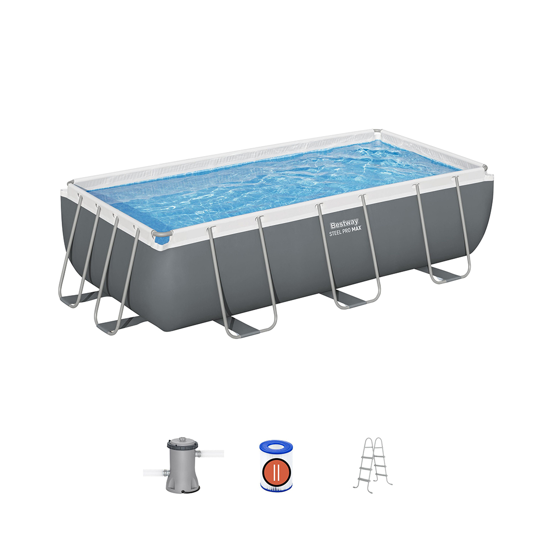 Каркасный бассейн Steel Pro MAX Rectangular 404 х 201 х 100 см, BESTWAY, 56441, Винил, 6478 л., Стальной каркас, Ф-насос 58383 (2006л/ч), Лестница 58335, Серый, Цветная коробка