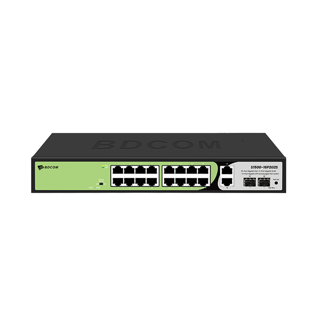 Коммутатор, BDCOM, S1500-16P2G2S, Неуправляемый, 16 портов PoE (180W) 10/100/1000M RJ45, 2 порта 10/100/1000М, 2 порта SFP, Стоечный