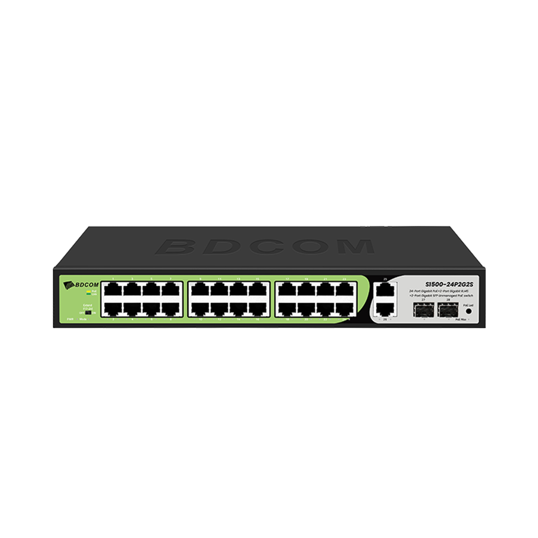 Коммутатор, BDCOM, S1500-24P2G2S, Неуправляемый, 24 порта PoE (280W) 10/100/1000M RJ45, 2 порта 10/100/1000M, 2 порта SFP, Стоечный