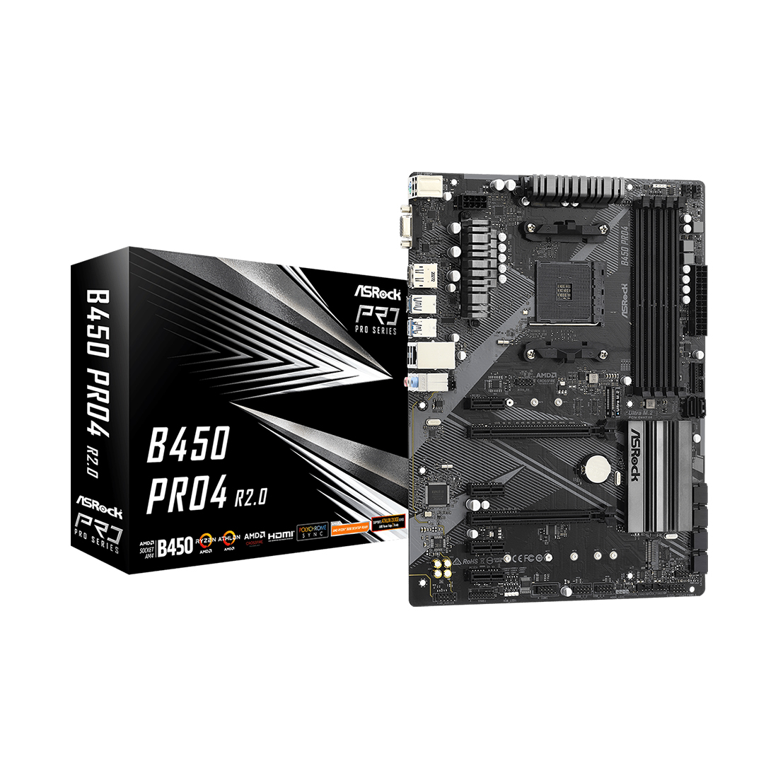 Материнская плата, ASRock, B450 PRO4 R2.0 (4710483932786), AM4, B450, 4xDDR4 2667/2933/3200, 6xSATA3, Raid, 2xM.2, 1xD-Sub, 1xDP, 1xHDMI, 2xPCI-Ex16, 4xPCI-Ex1, ATX