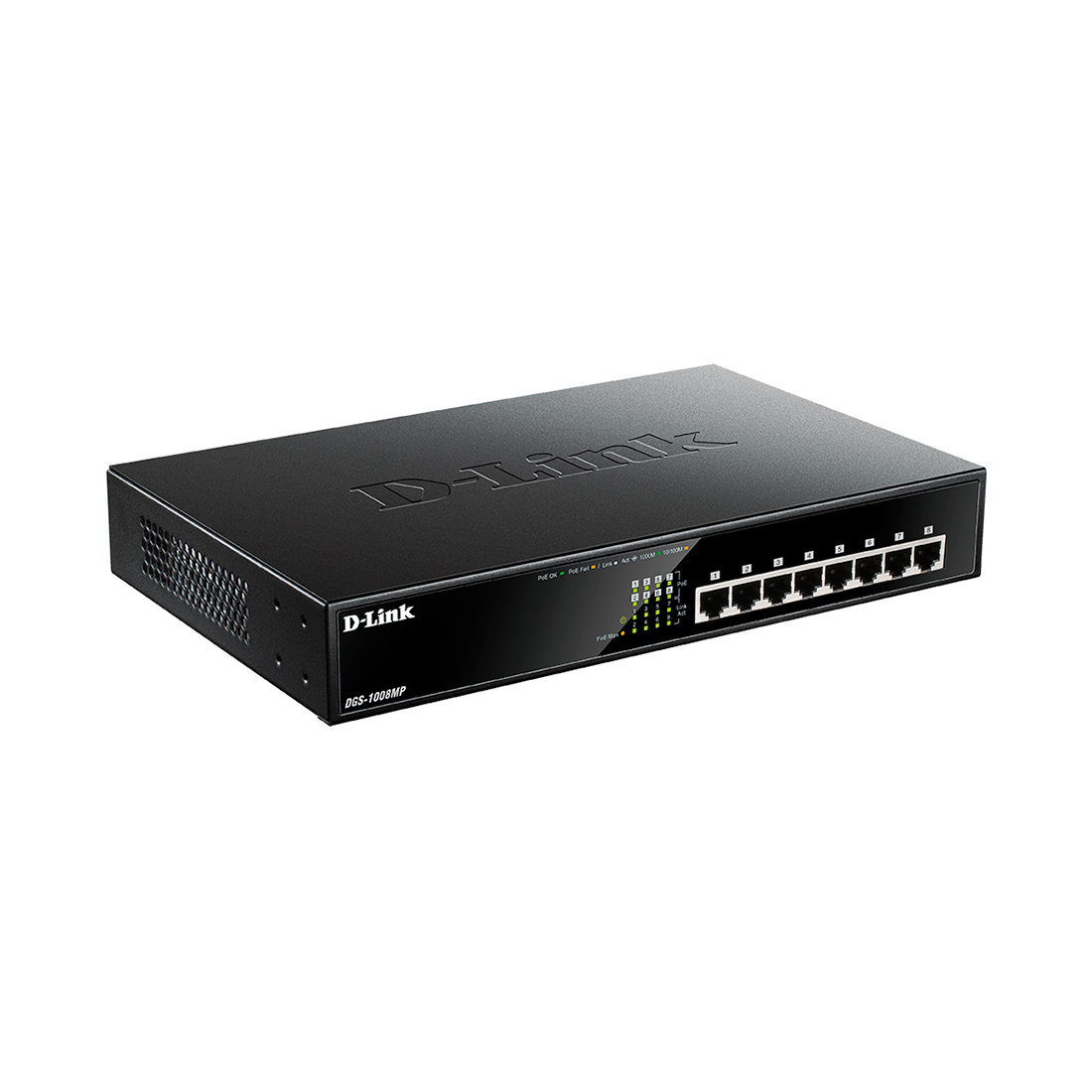 Коммутатор , D-Link, DGS-1008MP/B1A, Неуправляемый, 8 портов 10/100/1000Base-T с поддержкой PoE 802.3af/at (PoEбюджет 125 Вт), стоечный/настольный