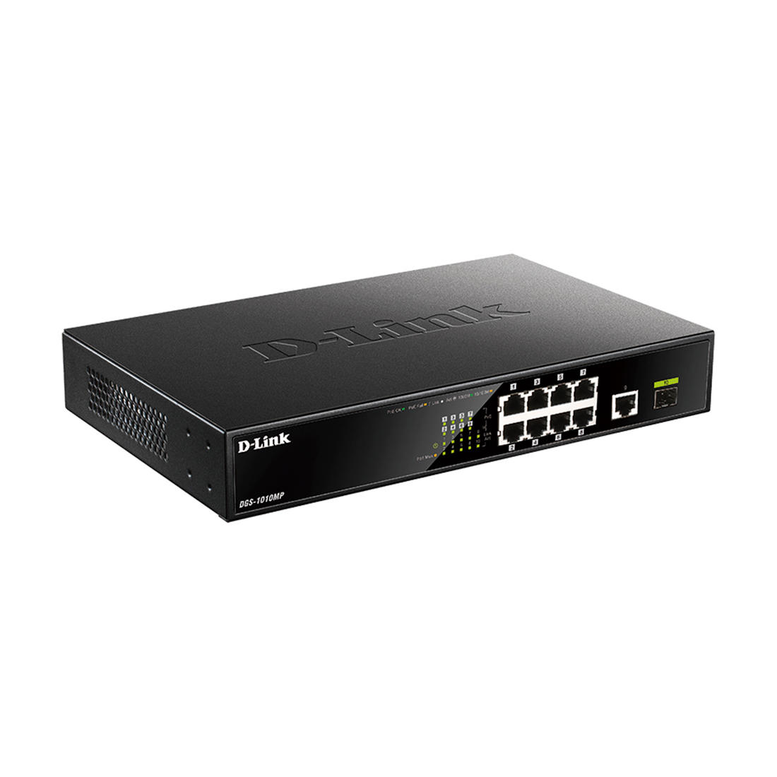 Коммутатор , D-Link, DGS-1010MP/A1A, Неуправляемый, 8 портов PoE 802.3af/at 10/100/1000Base-T, 1 порт 1000Base-X SFP,1 порт 10/100/1000Base-T, PoEбюджет 125 Вт, стоечный/настольный