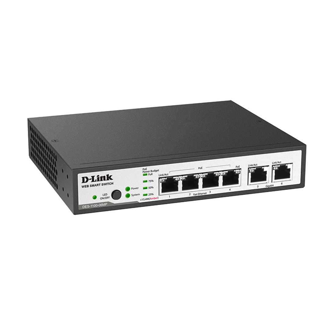 Коммутатор, D-Link, DES-1100-06MP/A1A, Управляемый, 4 порта 10/100Base-TX с поддержкой PoE, 2 порта 10/100/1000Base-T, бюджет PoE 80 Вт, Корпус металл, 1U