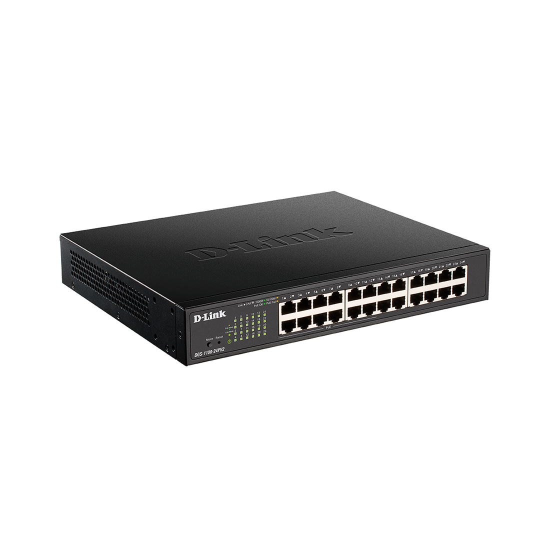 Коммутатор, D-Link, DGS-1100-24PV2/A3A, Настраиваемый L2, 24 порта 10/100/1000Base-T (12 портов РоЕ 802.3af/at, PoE-бюджет 100 Вт), Стоечный