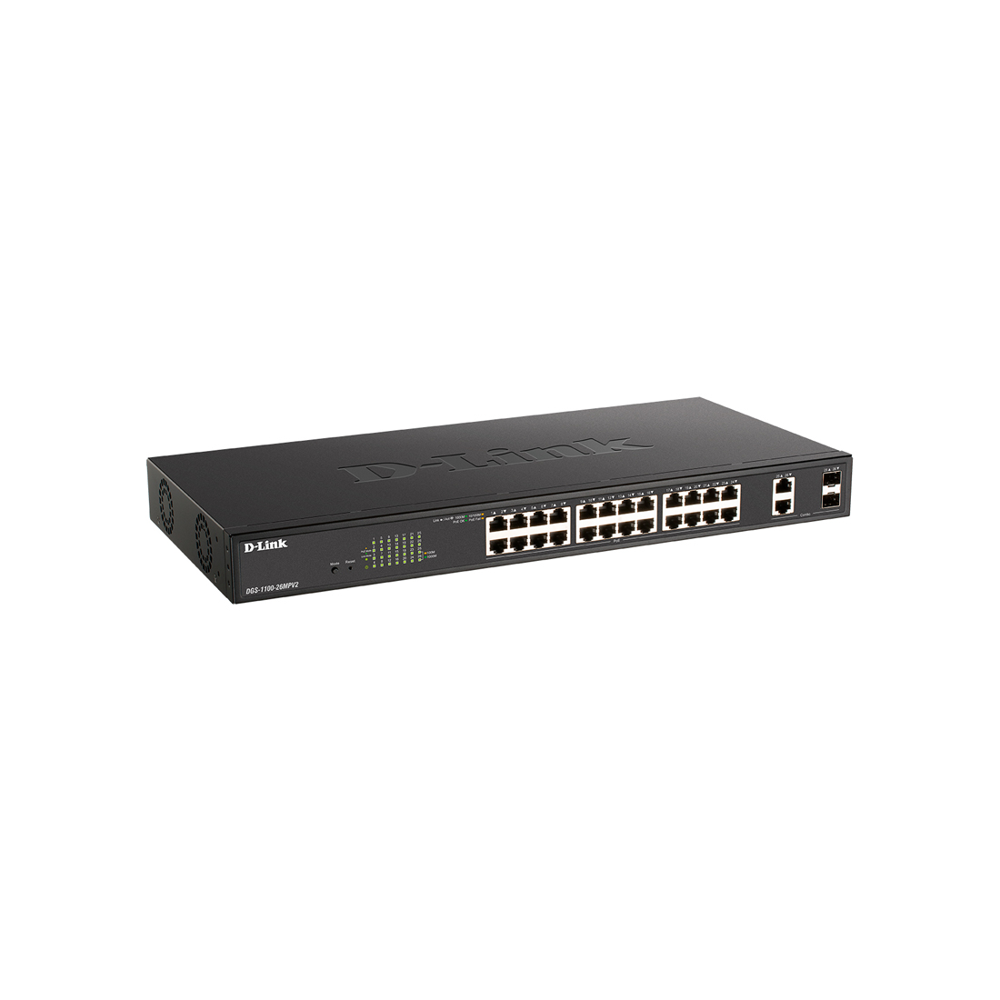 Коммутатор, D-Link, DGS-1100-26MPV2/A3A, Настраиваемый L2, 24 порта 10/100/1000Base-T, 2 комбо-порта 100/1000Base-T/SFP (24 порта PoE 802.3af/at, PoE-бюджет 370 Вт), стоечный