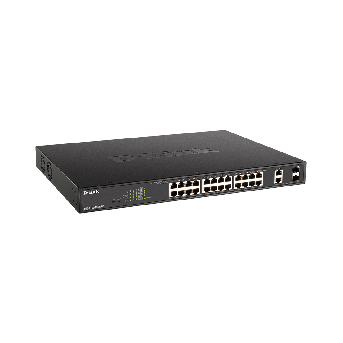 Коммутатор, D-Link, DGS-1100-26MPPV2/A3A, Настраиваемый L2 коммутатор с 24 портами 10/100/1000Base-T и 2 комбо-портами 1000Base-T/SFP (порты 1-24 PoE 802.3af/at, порты 21-24 PoE 802.3bt, PoE-бюджет 525 Вт), стоечный