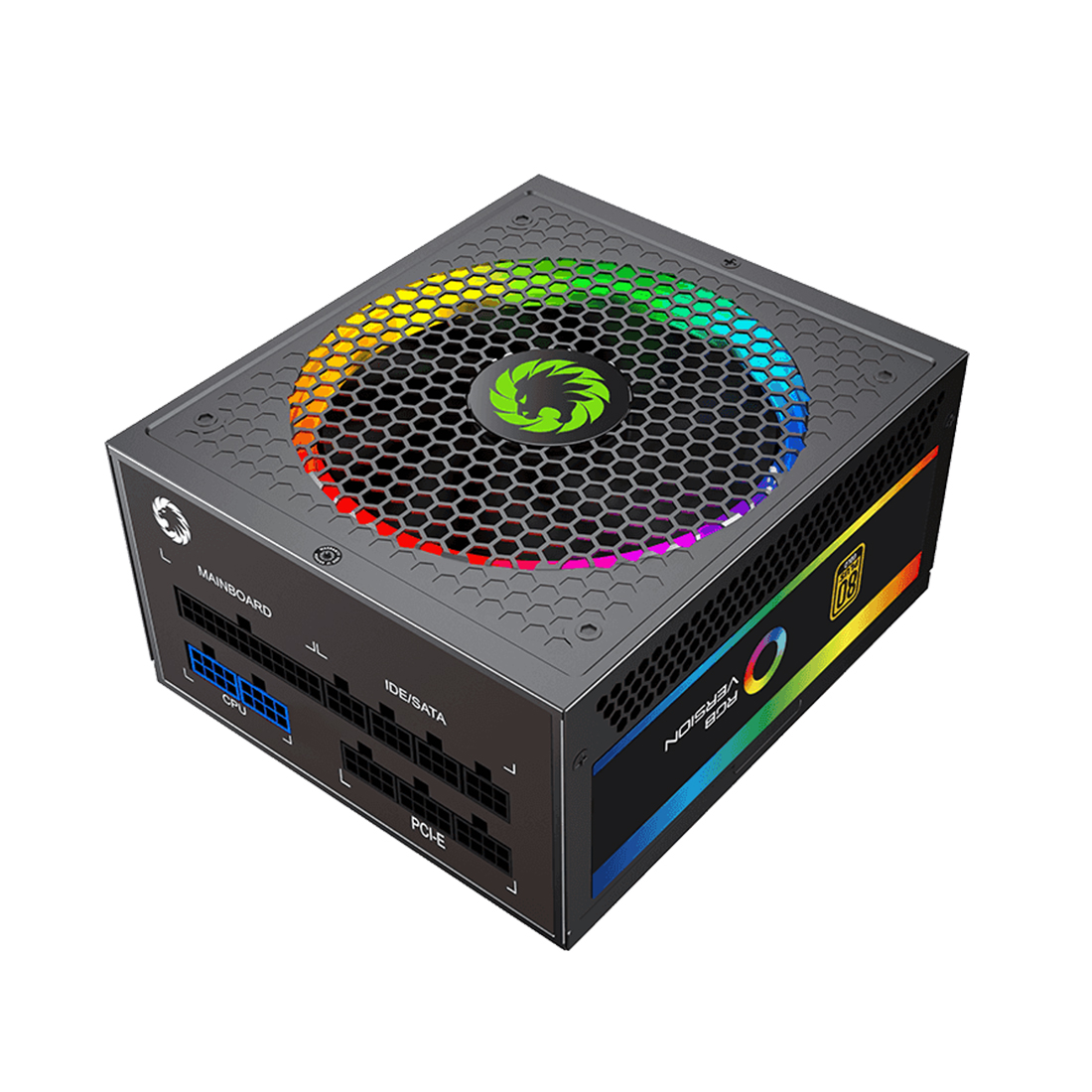 Блок питания, Gamemax, RGB 550W Rainbow, 210604500049, 550W, ATX, Gold, APFC, 20+4 pin, 4+4pin, 6*Sata, 3*Molex, 1*FDD, 2*PCI-E 6+2 pin, Modular, Вентилятор 14 см, Подсветка RGB, Чёрный