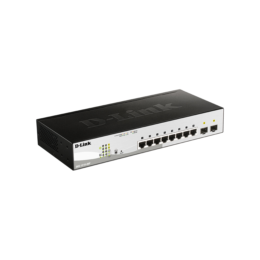 Коммутатор, D-Link, DGS-1210-08P/G3A, Настраеваемый L2, 8 портов 10/100/1000Base-T и 2 порта 1000Base-X SFP, 8 портов PoE 802.3af/at, PoE-бюджет 65 Вт, 1U