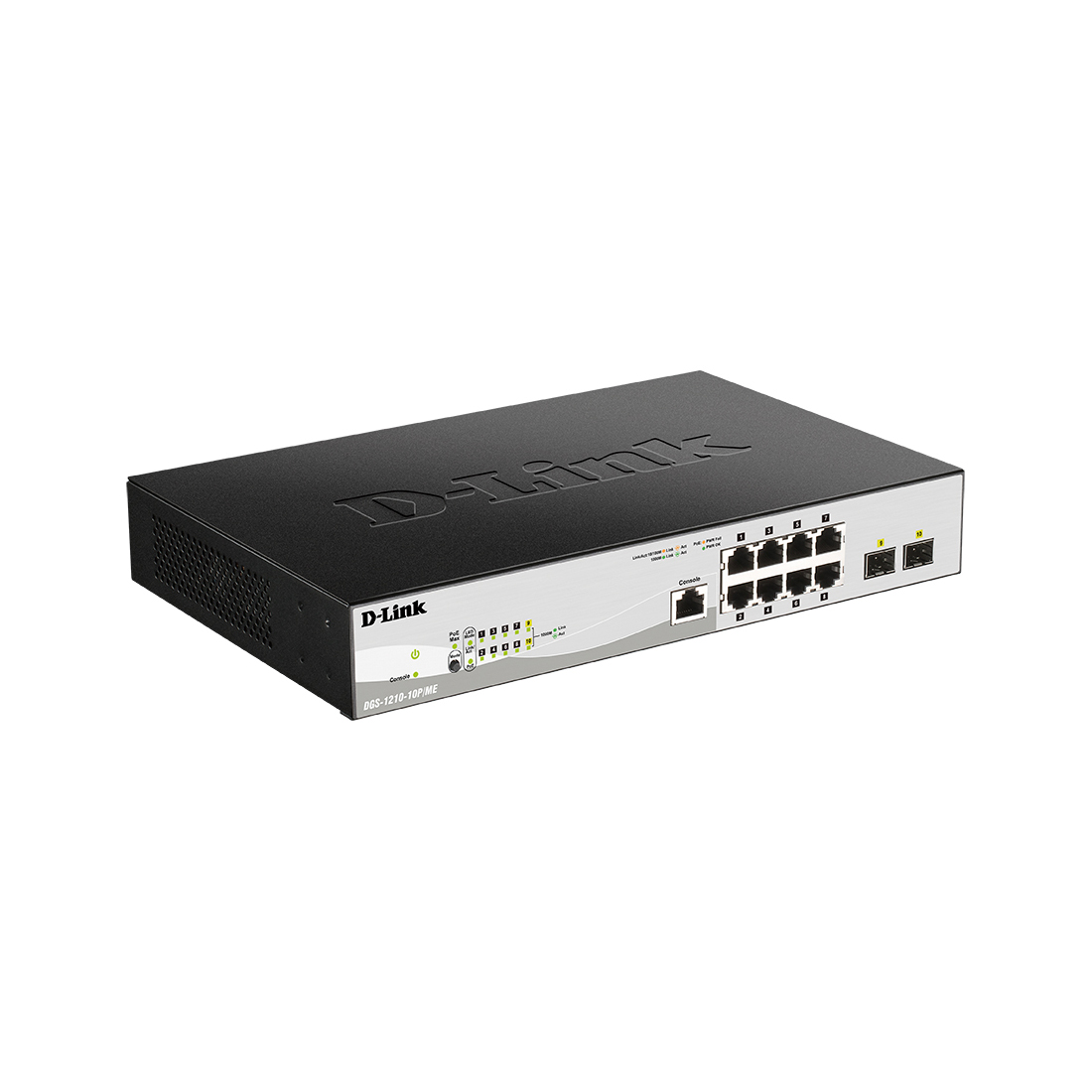 Коммутатор, D-Link, DGS-1210-10P/ME/B1A, настраиваемый L2, 8 портов 10/100/1000Base-T и 2 порта 1000Base-X SFP (8 портов PoE 802.3af/at, PoE-бюджет 65 Вт), стоечный