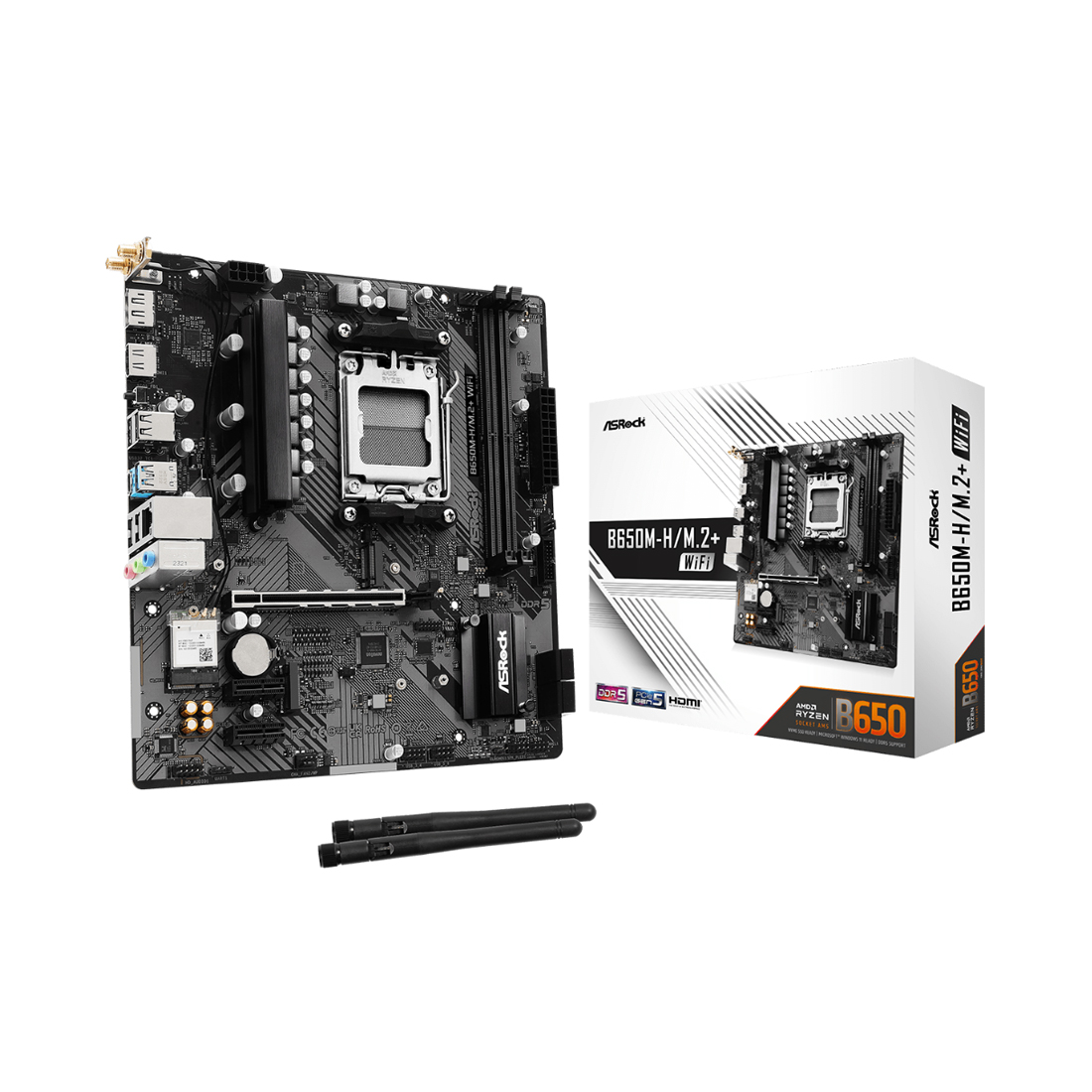 Материнская плата, ASRock, B650M-H/M.2+ WIFI (4710483949913), AM5, B650, 2xDDR5 6400+(OC), 4xSATA3, 2xM.2 (PCI-E 4.0x4), 1xHDMI, 1xDP, 1xPCI-Ex16, 2xPCI-Ex1, WiFi, mATX