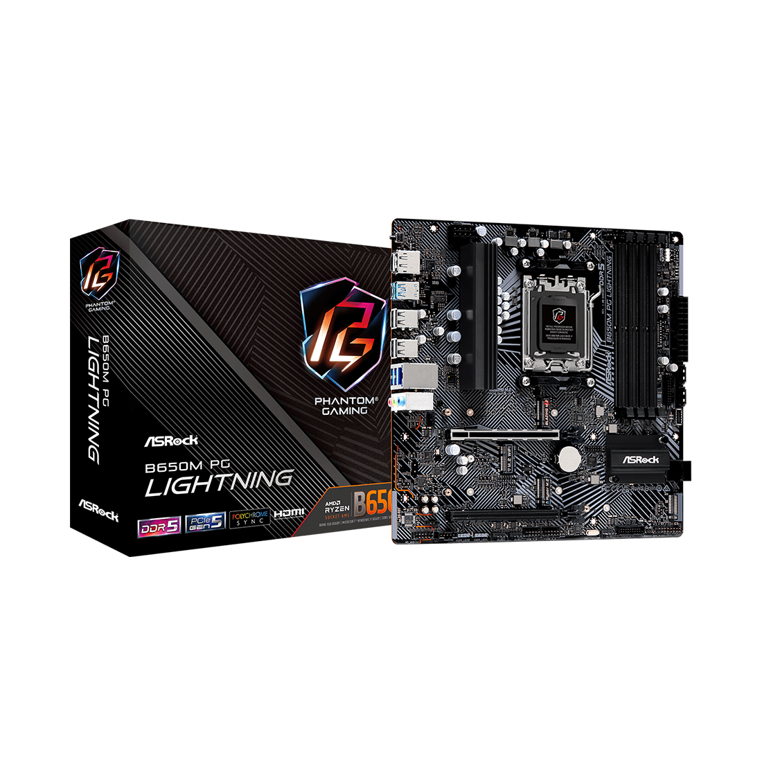 Материнская плата, ASRock, B650M PG LIGHTNING (4710483943829), AM5, B650, 4xDDR5 7200+(OC), 4xSATA3, 3xM.2 (1*PCIe Gen5x4, 1*PCIe Gen4x4, 1*PCIe Gen4x2), Raid, 1xHDMI, 1хDP, 2xPCI-Ex16, mATX