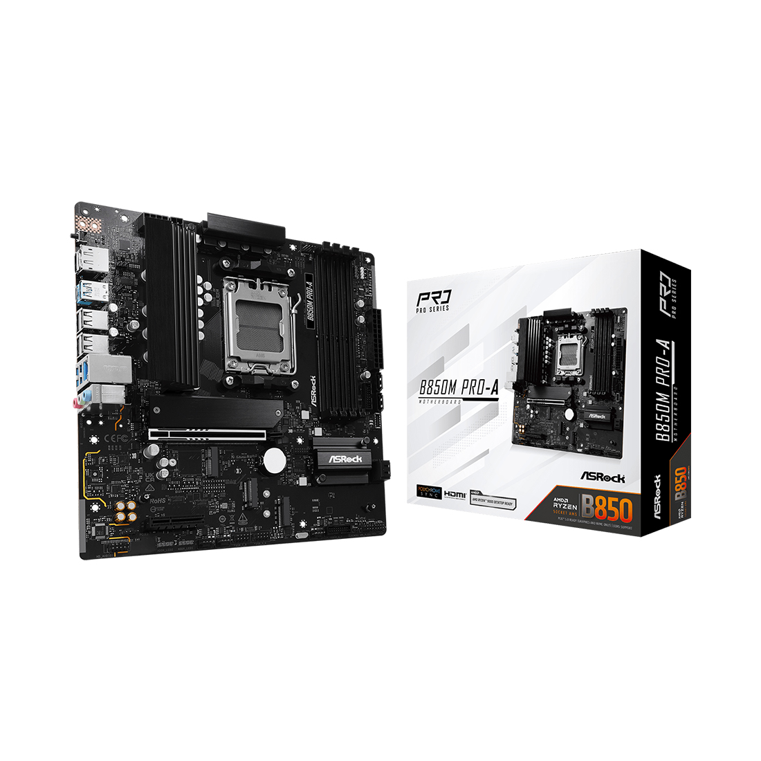 Материнская плата, ASRock, B850M PRO-A (4711581490390), AM5, B850, 4xDDR5 8000+(OC), 4xSATA3, 3xM.2 (1*PCI-E 5.0x4, 2*PCI-E 4.0x4), Raid, 1xDP, 1xHDMI, 1xPCI-Ex16, 1xPCI-Ex4, mATX