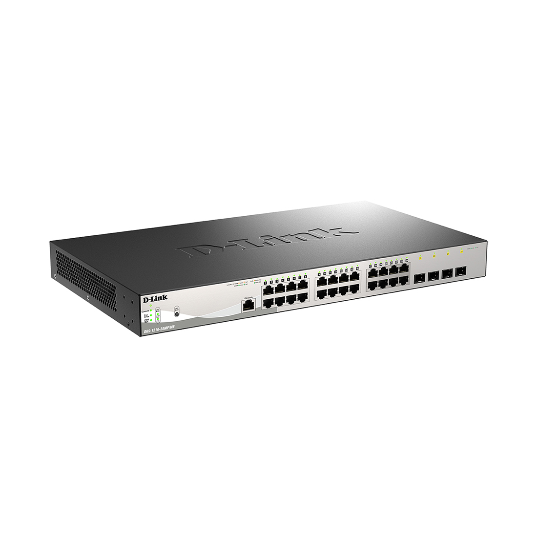 Коммутатор, D-Link, DGS-1210-28MP/ME/B2A, Управляемый L2, 24 порта 10/100/1000Base-T, 4 порта 1000Base-X SFP (24 порта PoE 802.3af/at, PoE-бюджет 370 Вт), стоечный