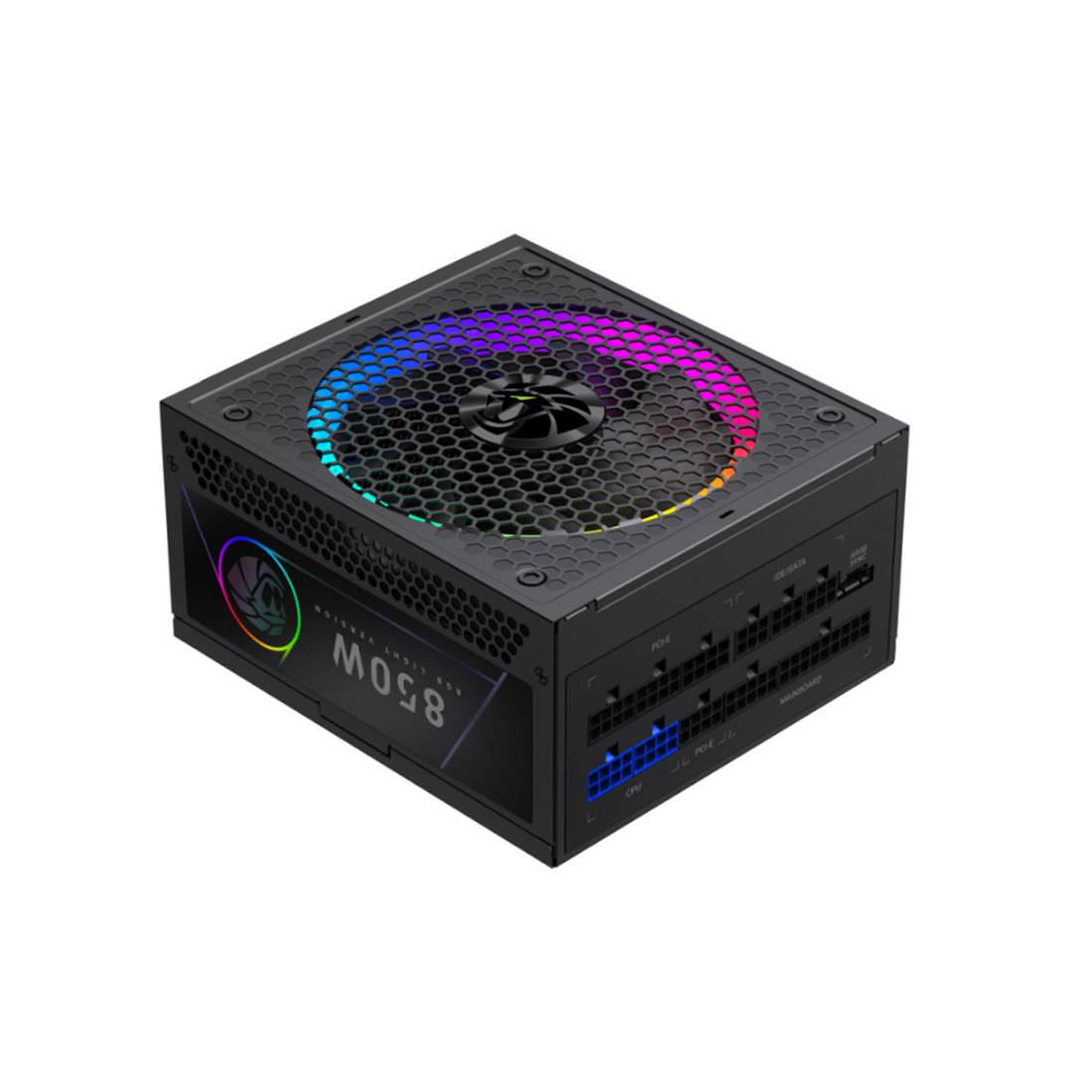 Блок питания, Gamemax, RGB 850G, 2141-0850B0017, 850W, Gold, APFC, 20+4 pin, 2*4+4pin, 8*Sata, 3*Molex, 3*PCI-E 6+2 pin, Modular, Вентилятор 14см, 165*150*86 см, Черный