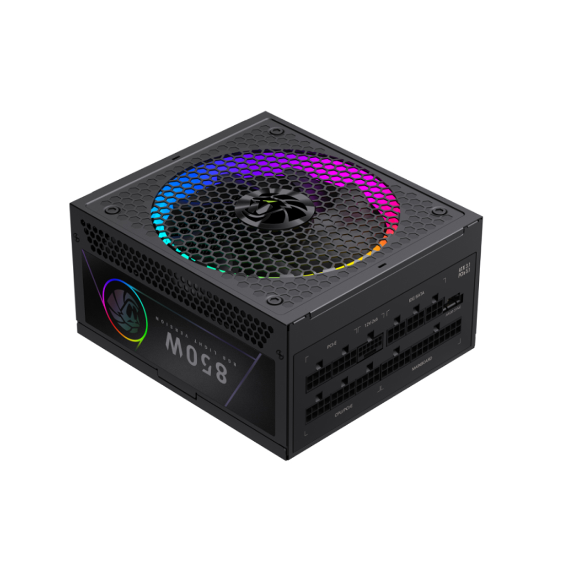 Блок питания, Gamemax, RGB PRO 850G, 2141-0850B0019, 850W, Gold, ATX3.1, APFC, 20+4 pin, 2*4+4pin, 8*Sata, 3*Molex, 3*PCI-E 6+2 pin, 1*PCI-E 12+4pin, Modular, Вентилятор 14см, 165*150*86 см, Черный