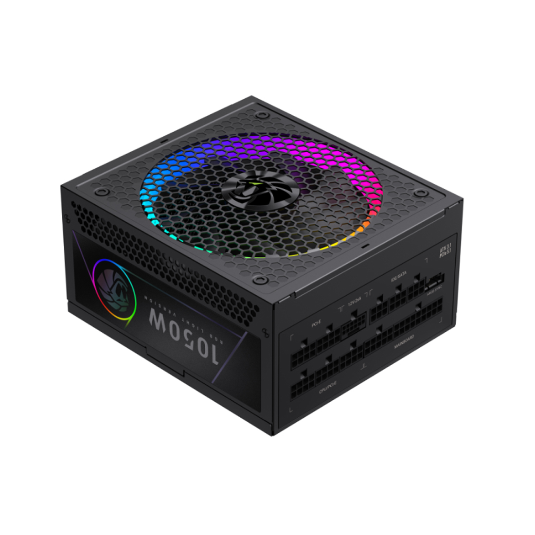 Блок питания, Gamemax, RGB PRO 1050G, 2109-1050B0049, 1050W, Gold, ATX3.1, APFC, 20+4 pin, 2*4+4pin, 10*Sata, 3*Molex, 4*PCI-E 6+2 pin, 1*PCI-E 12+4pin, Modular, Вентилятор 14см, 165*150*86 см, Черный