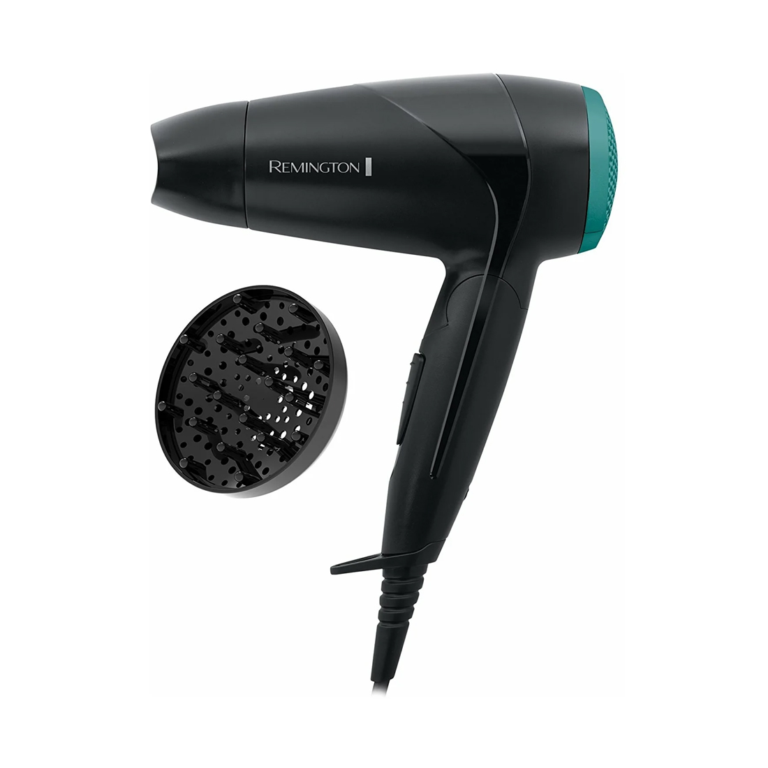 Фен, Remington, D1500, Мощность 2000Вт, Тип двигателя DC мотор, 2 скорости, 2 температурных режима, 2 насадки, Длина шнура электропитания 1.8м, Складная ручка, Петля для подвешивания, Черный/Зеленый