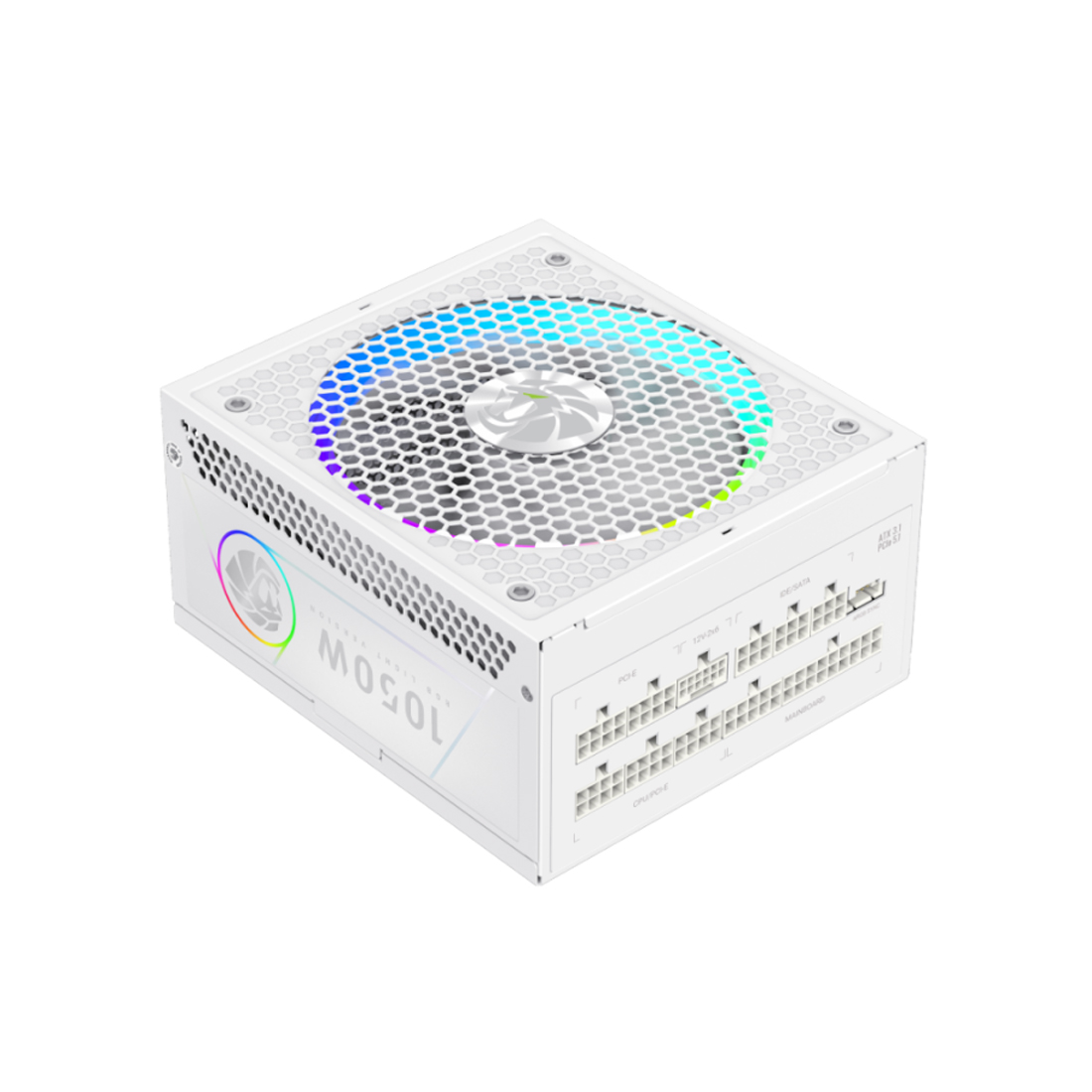 Блок питания, Gamemax, RGB PRO 1050G WH, 2109-1050B0047, 1050W, Gold, ATX3.1, APFC, 20+4 pin, 2*4+4pin, 10*Sata, 3*Molex, 4*PCI-E 6+2 pin, 1*PCI-E 12+4pin, Modular, Вентилятор 14см, 165*150*86 см, Белый