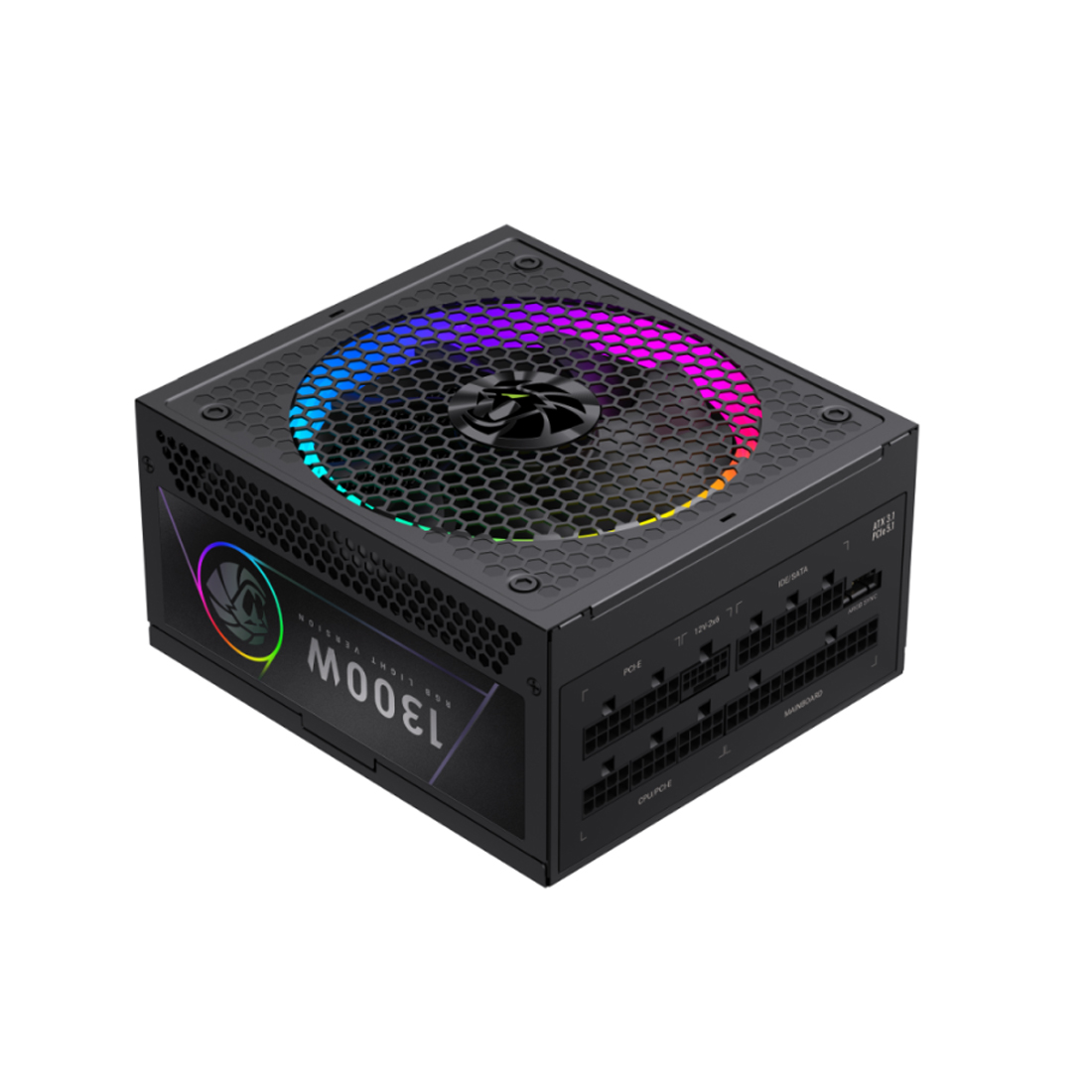 Блок питания, Gamemax, RGB PRO 1300P, 2110-1300B0028, 1300W, Platinum, ATX3.1, APFC, 20+4 pin, 2*4+4pin, 10*Sata, 3*Molex, 4*PCI-E 6+2 pin, 1*PCI-E 12+4pin, Modular, Вентилятор 14см, 165*150*86 см, Черный